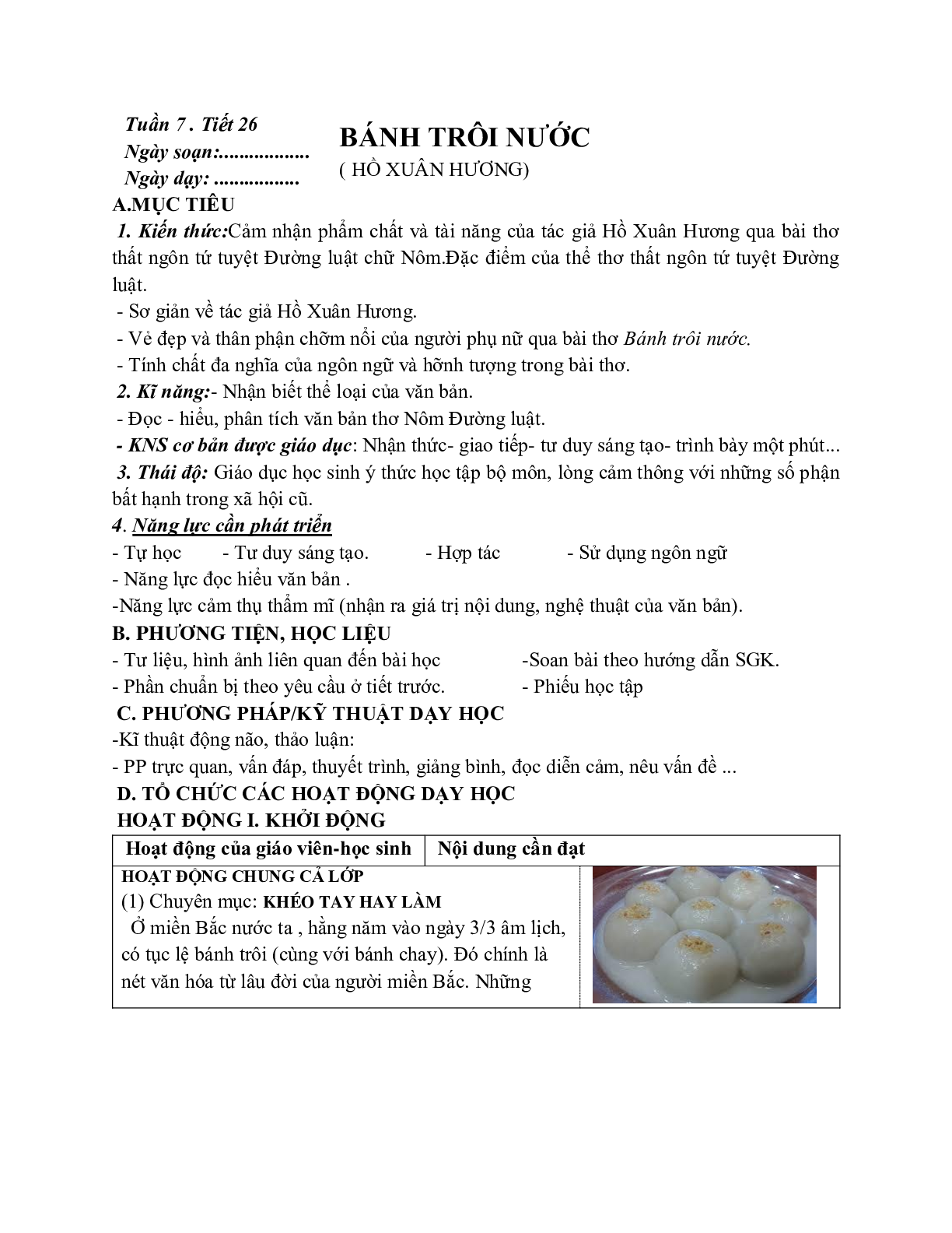 Giáo án ngữ văn lớp 7 Tuần 7 Tiết 26: Bánh trôi nước mới nhất (trang 1)