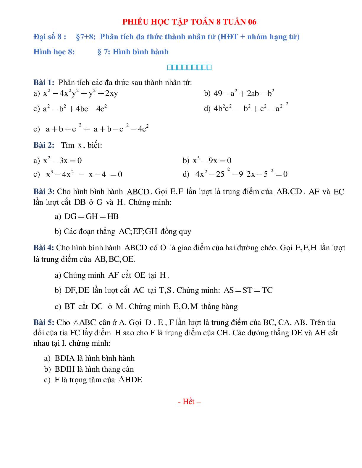 Phiếu bài tập tuần 6 - Toán 8 (trang 1)