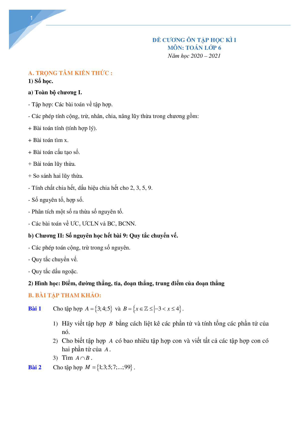 Đề cương ôn tập toán 6 học kì 1 - Có đáp án (trang 1)