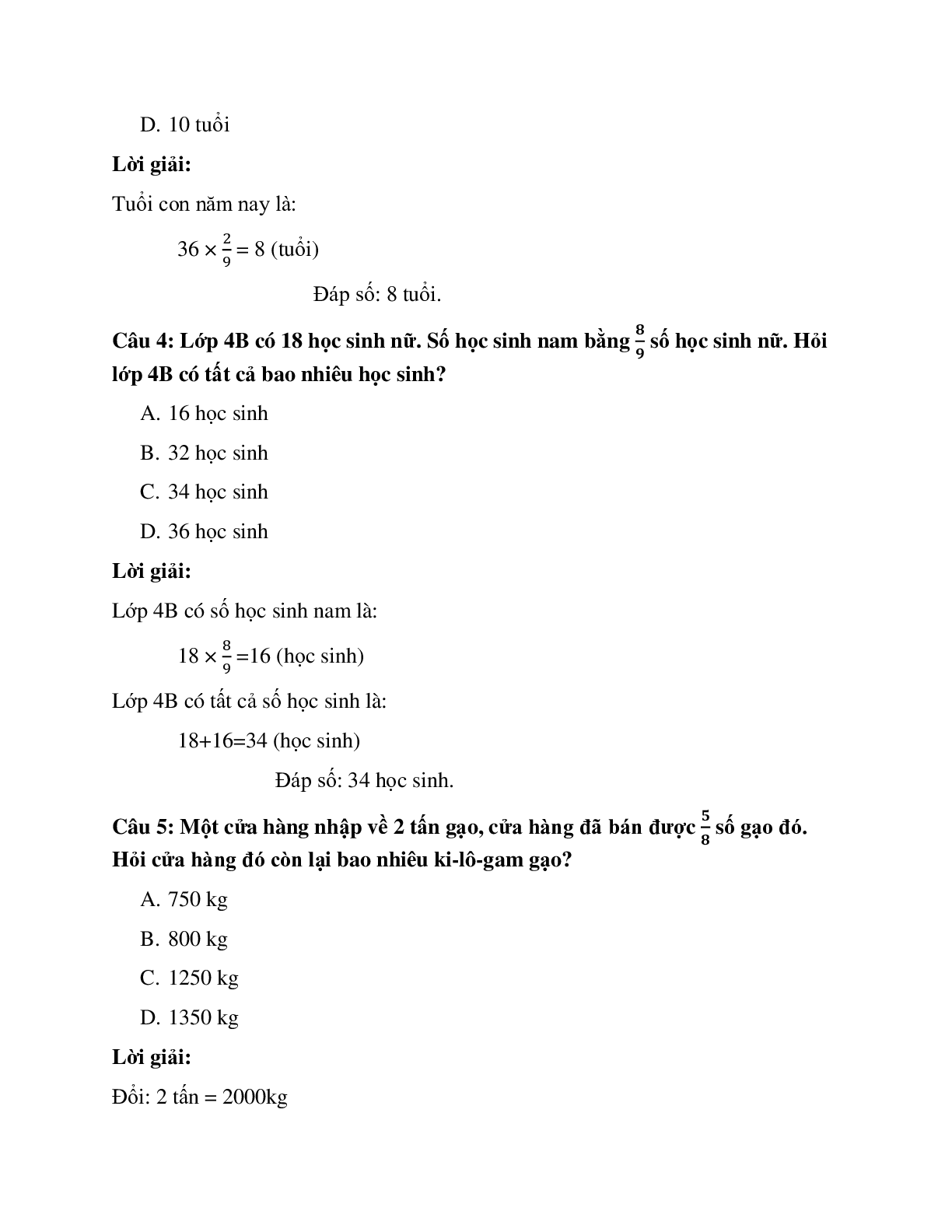20 câu Trắc nghiệm Tìm giá trị phân số của một số có đáp án 2023 – Toán lớp 4 (trang 2)