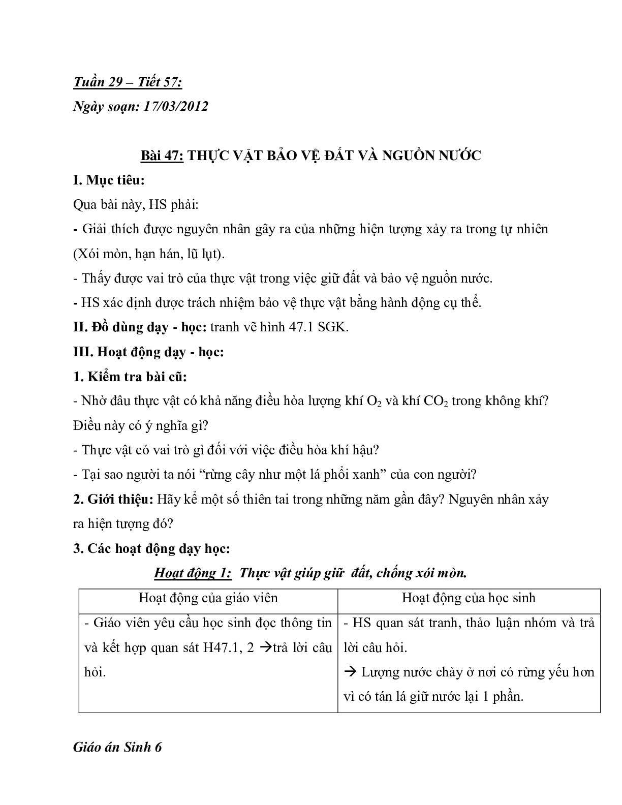 Giáo án Sinh học 6 Bài 47: Thực vật bảo vệ đất và nguồn nước mới nhất - CV5512 (trang 1)
