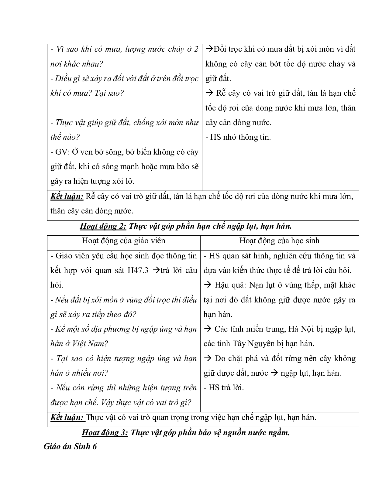 Giáo án Sinh học 6 Bài 47: Thực vật bảo vệ đất và nguồn nước mới nhất - CV5512 (trang 2)