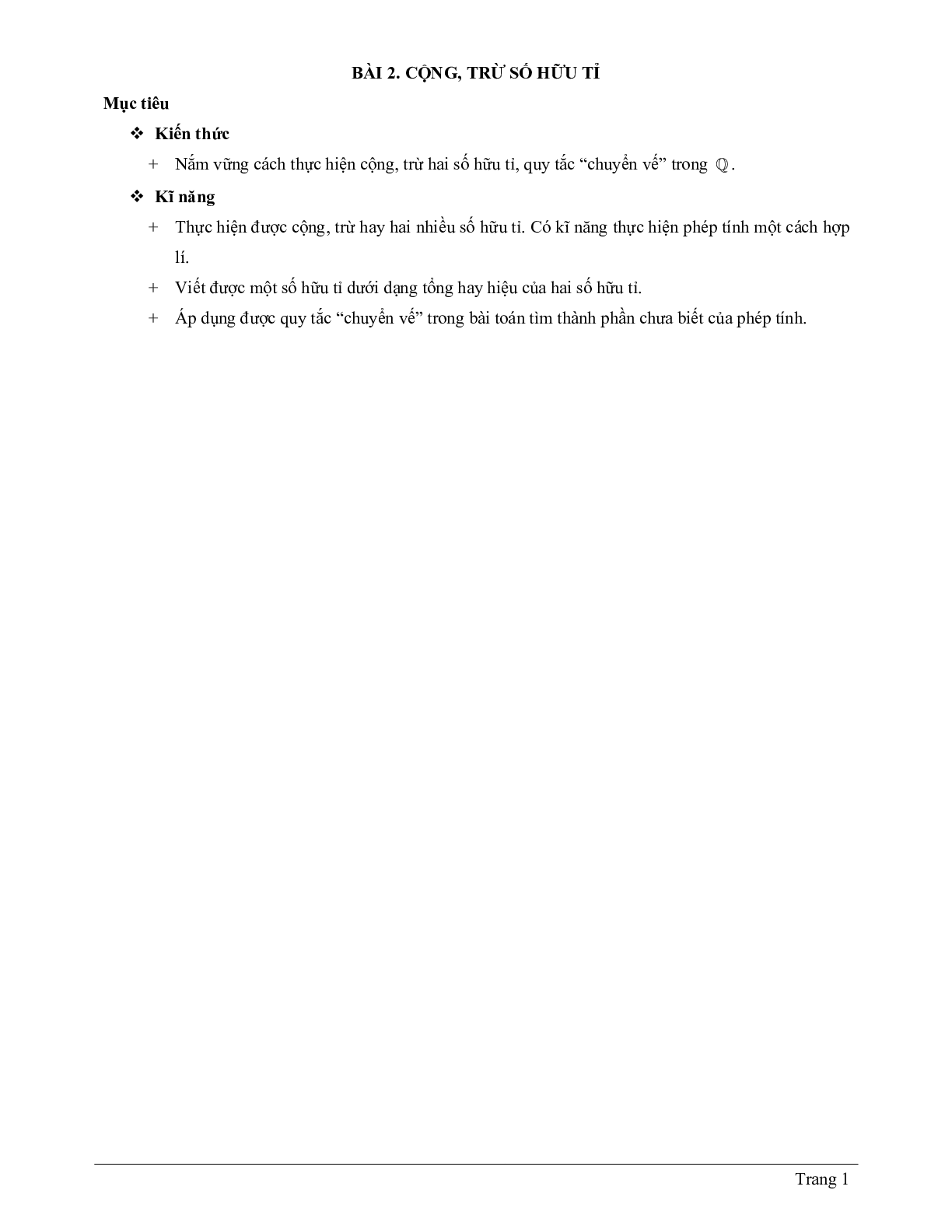 Lý thuyết Toán 7 Bài 2 có đáp án: Cộng, trừ số hữu tỉ (trang 1)