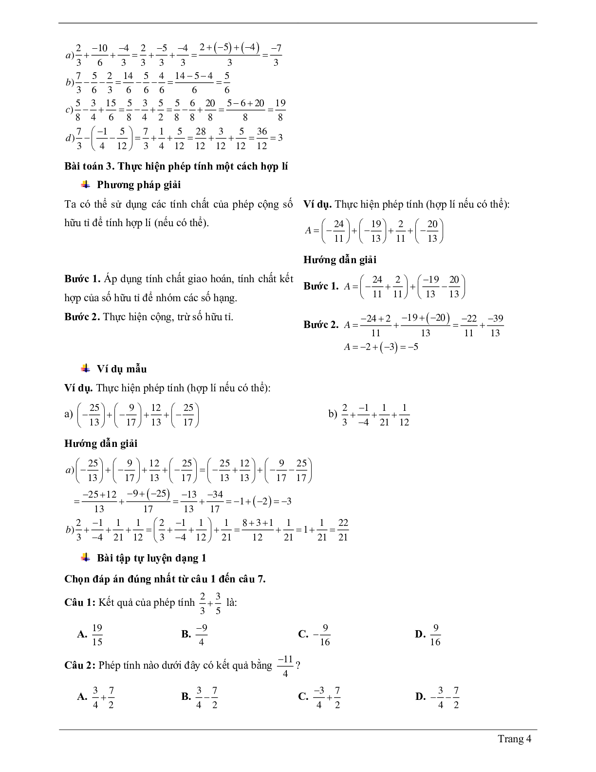 Lý thuyết Toán 7 Bài 2 có đáp án: Cộng, trừ số hữu tỉ (trang 4)