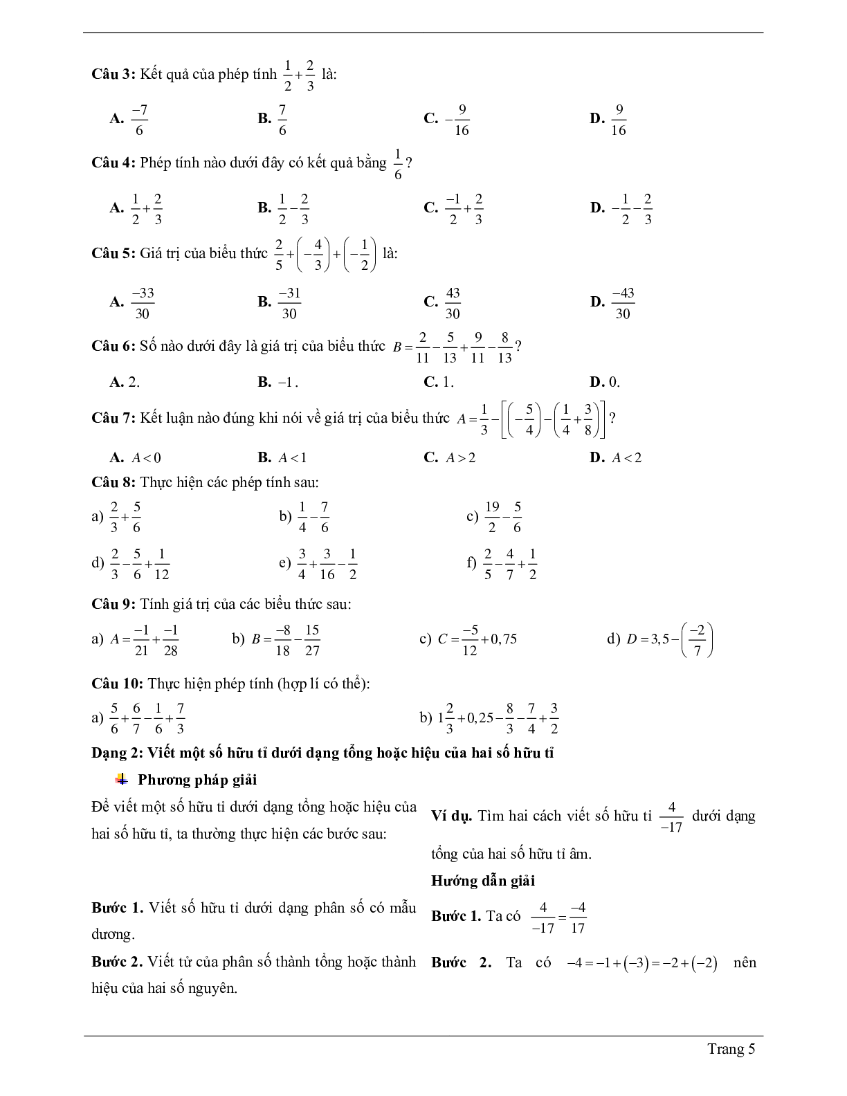 Lý thuyết Toán 7 Bài 2 có đáp án: Cộng, trừ số hữu tỉ (trang 5)