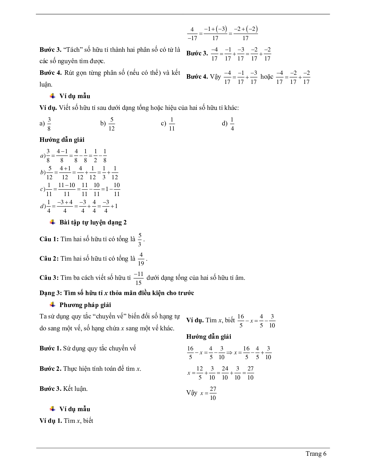 Lý thuyết Toán 7 Bài 2 có đáp án: Cộng, trừ số hữu tỉ (trang 6)