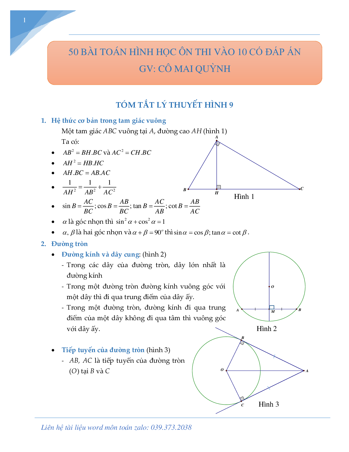 Tuyển tập 50 bài hình học luyện thi vào lớp 10 chuyên môn toán (trang 1)