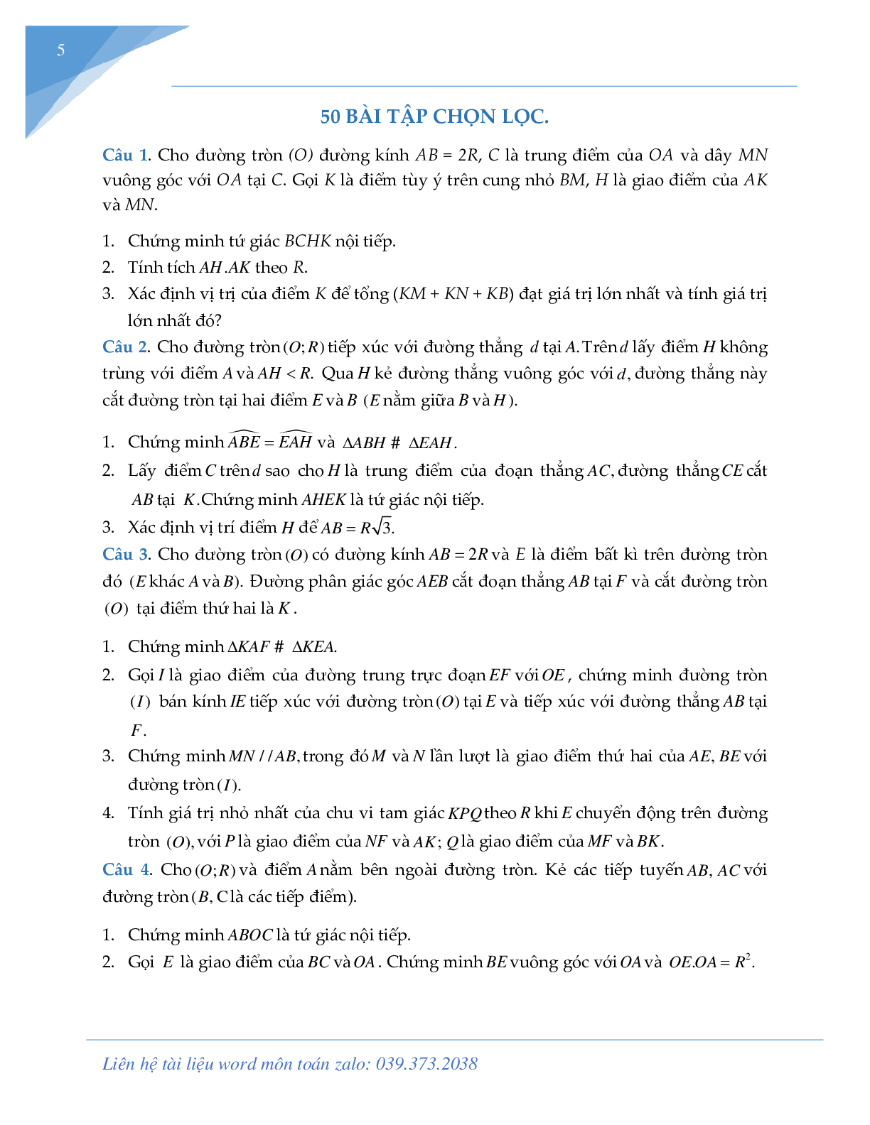 Tuyển tập 50 bài hình học luyện thi vào lớp 10 chuyên môn toán (trang 5)