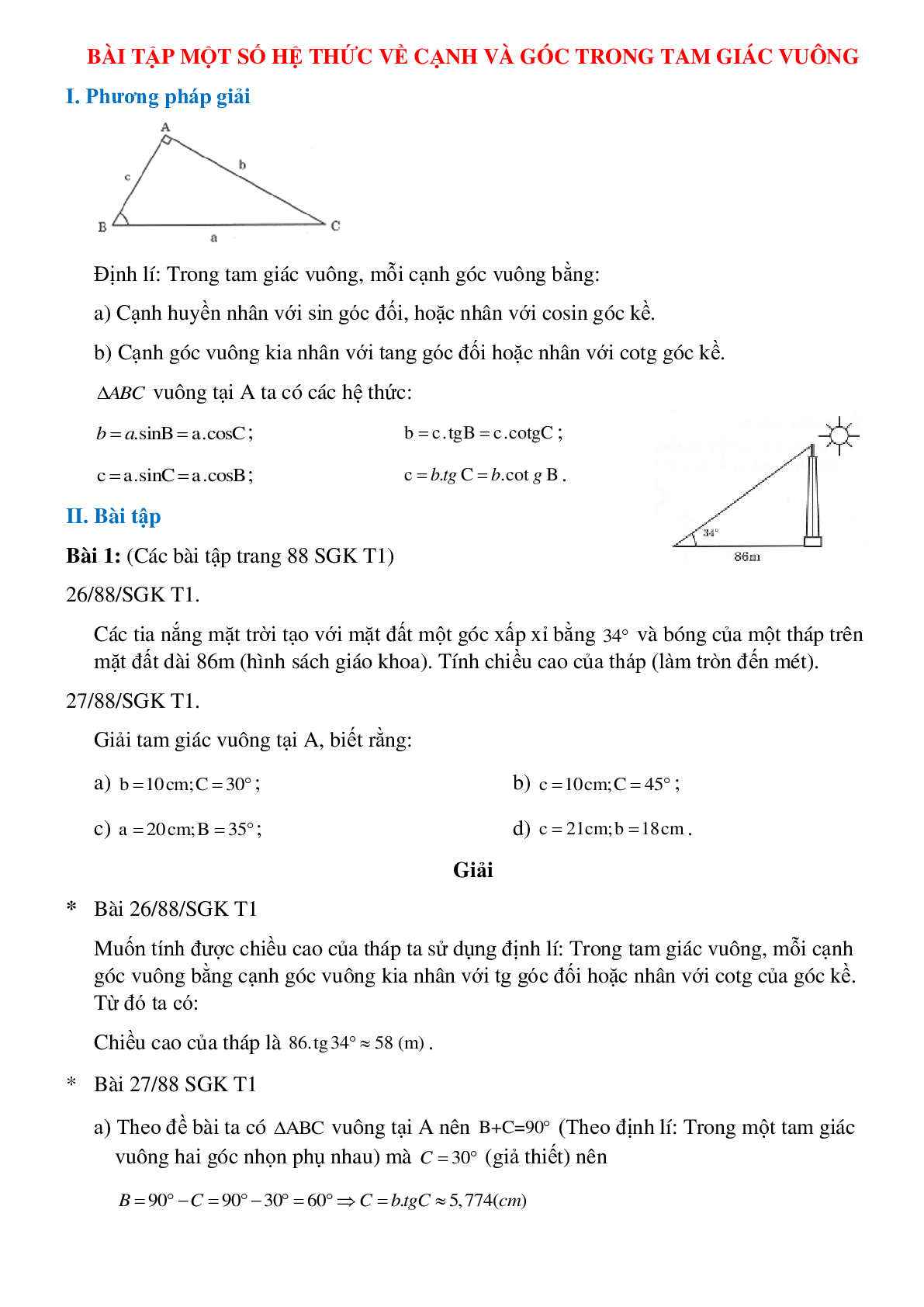 50 Bài tập Một số hệ thức về cạnh và góc trong tam giác vuông (có đáp án)- Toán 9 (trang 1)