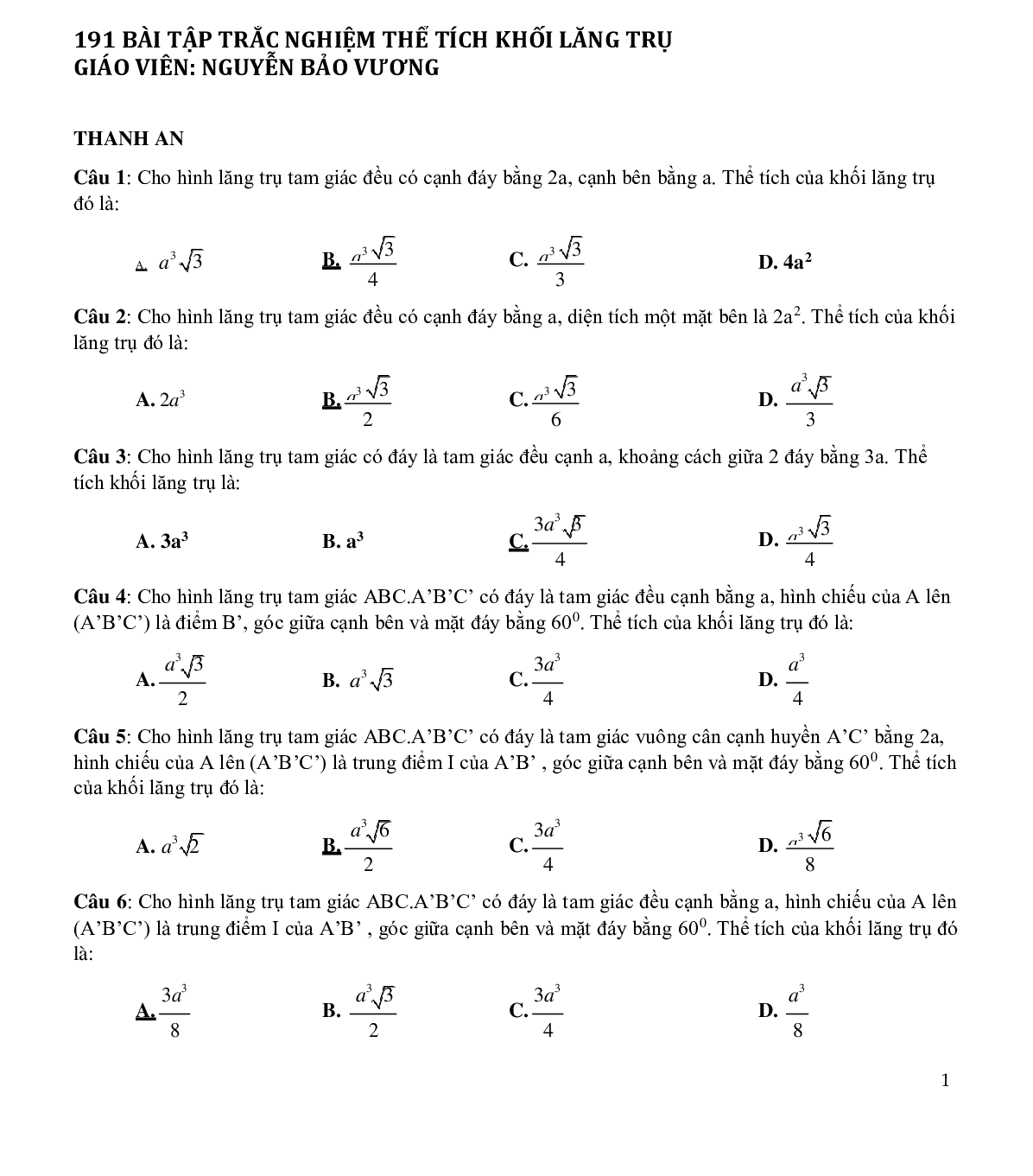 191 bài tập trắc nghiệm thể tích khối lăng trụ (trang 3)