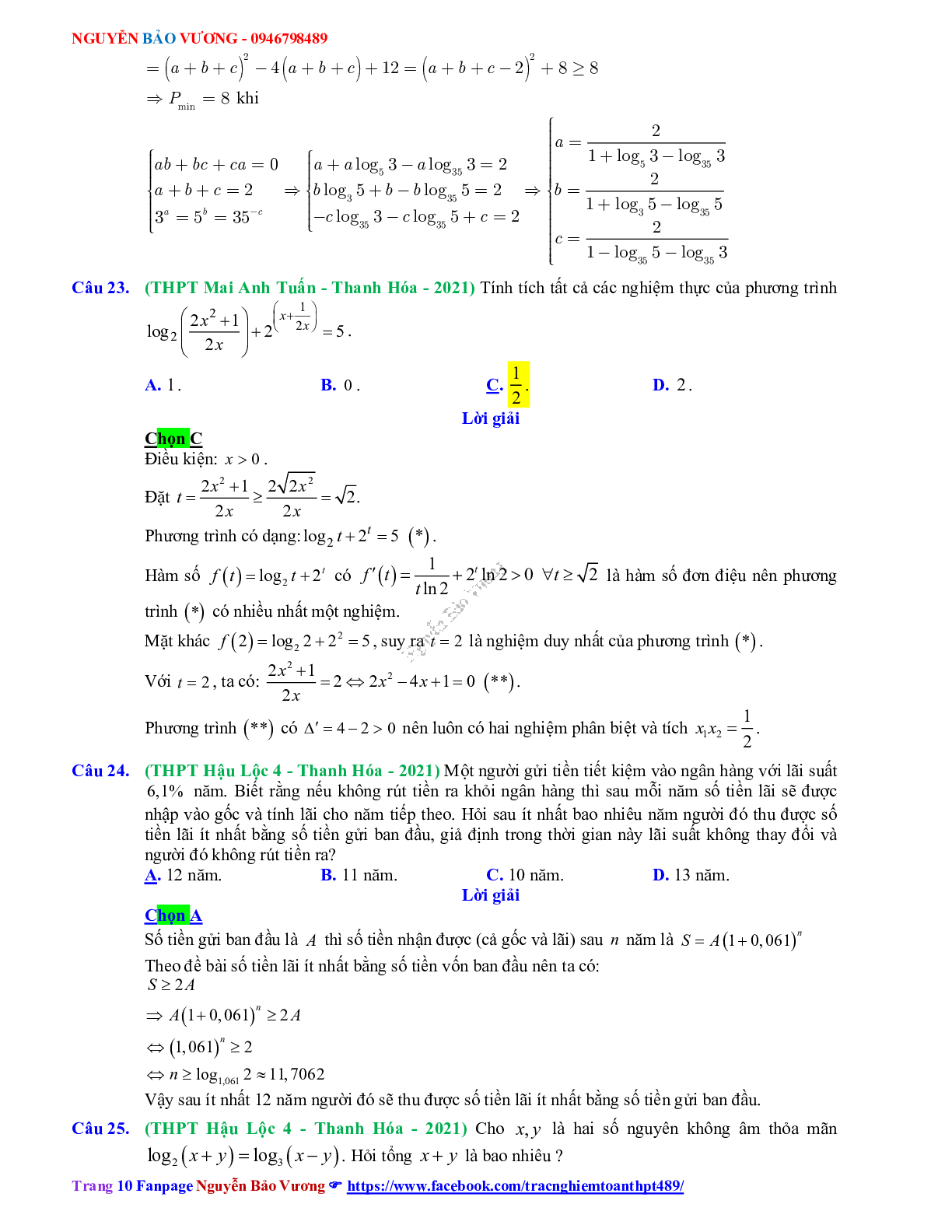 Trắc nghiệm Ôn thi THPT QG Toán 12: Đáp án mũ - lũy thừa - logarit mức độ vận dụng (trang 10)