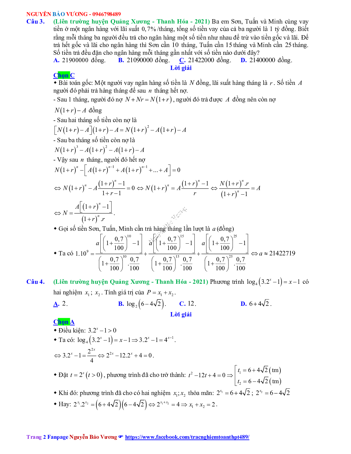 Trắc nghiệm Ôn thi THPT QG Toán 12: Đáp án mũ - lũy thừa - logarit mức độ vận dụng (trang 2)