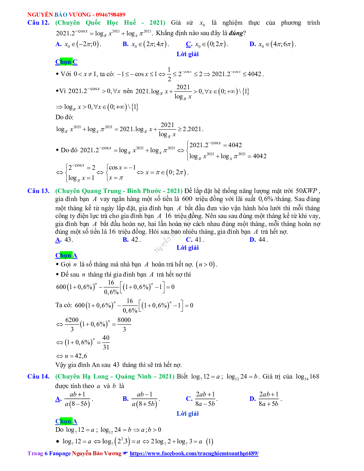 Trắc nghiệm Ôn thi THPT QG Toán 12: Đáp án mũ - lũy thừa - logarit mức độ vận dụng (trang 6)