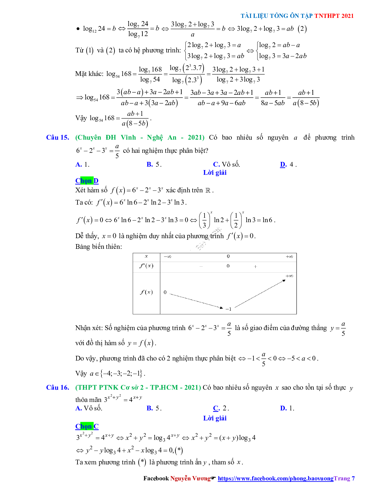Trắc nghiệm Ôn thi THPT QG Toán 12: Đáp án mũ - lũy thừa - logarit mức độ vận dụng (trang 7)