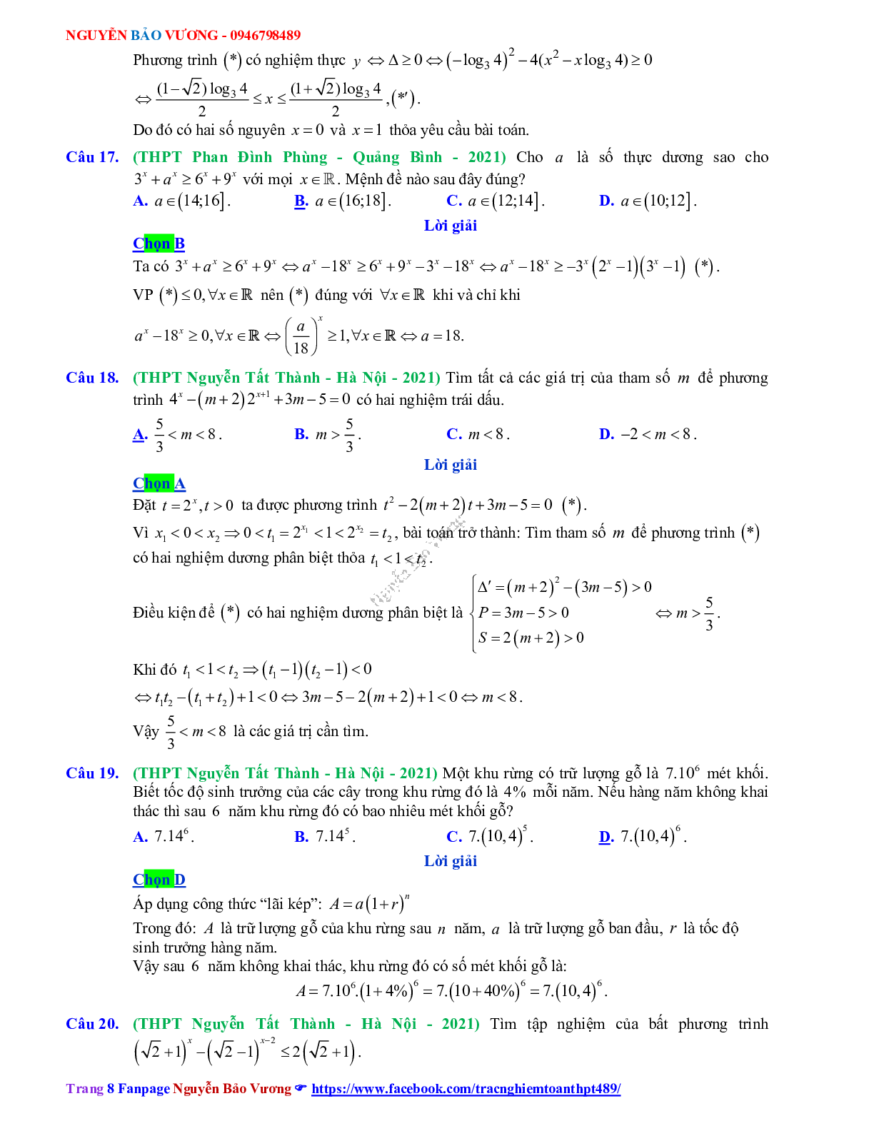 Trắc nghiệm Ôn thi THPT QG Toán 12: Đáp án mũ - lũy thừa - logarit mức độ vận dụng (trang 8)