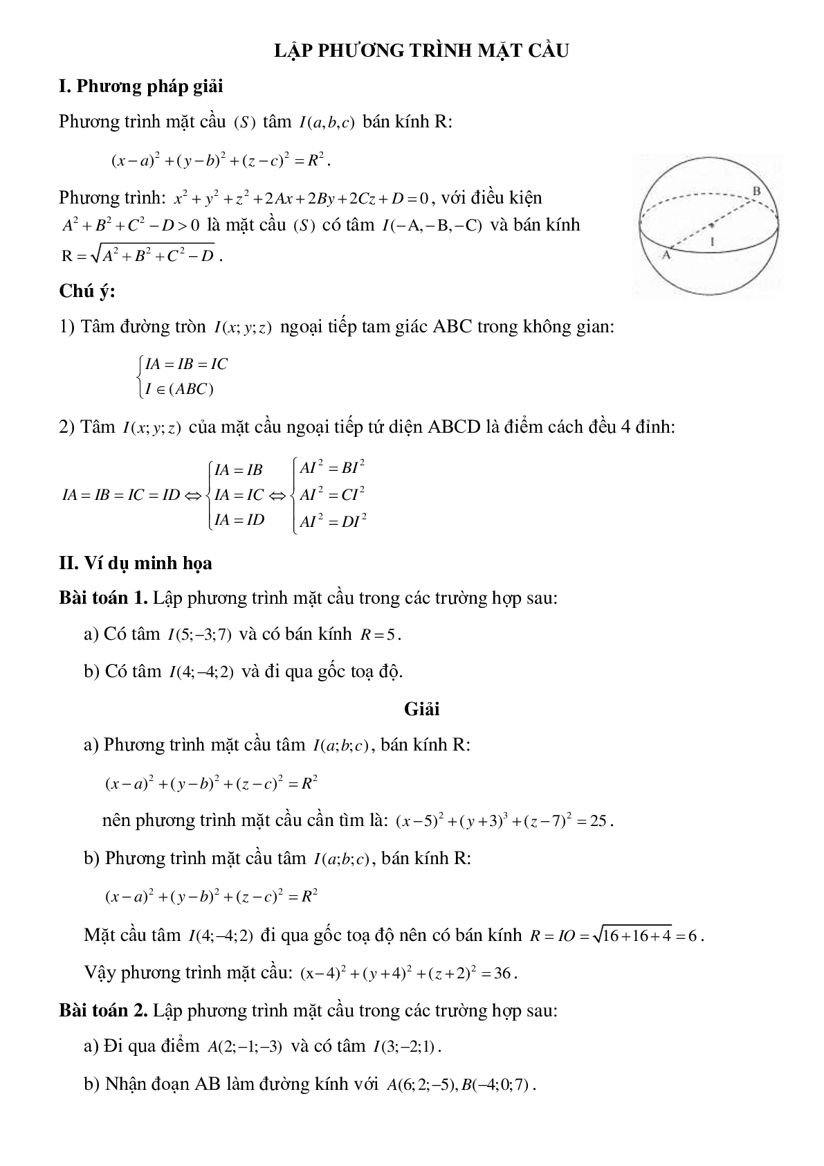 Lập phương trình mặt cầu (trang 1)