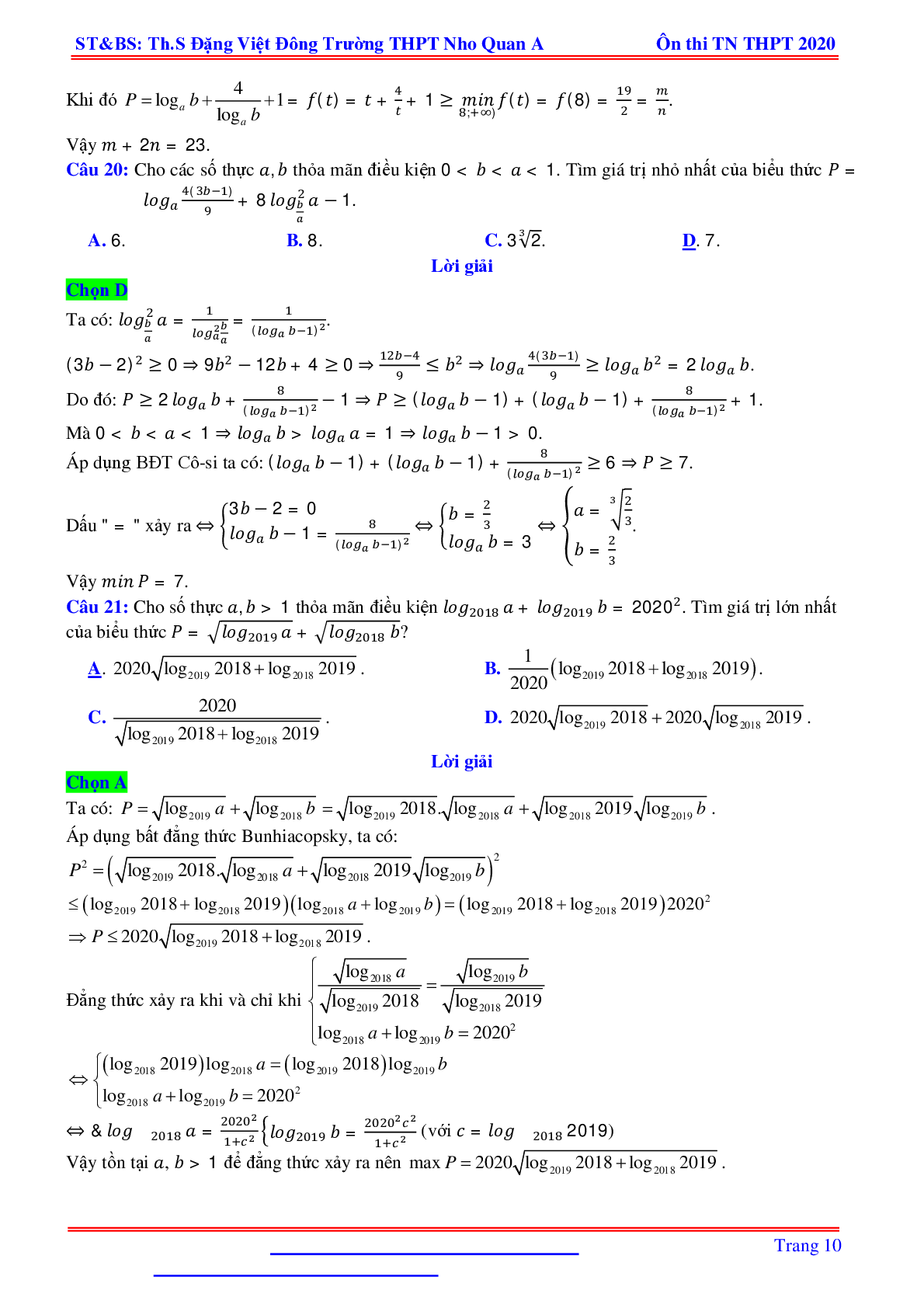 Bài toán min-max liên quan hàm số mũ, logarit nhiều biến - Đặng Việt Đông (trang 10)