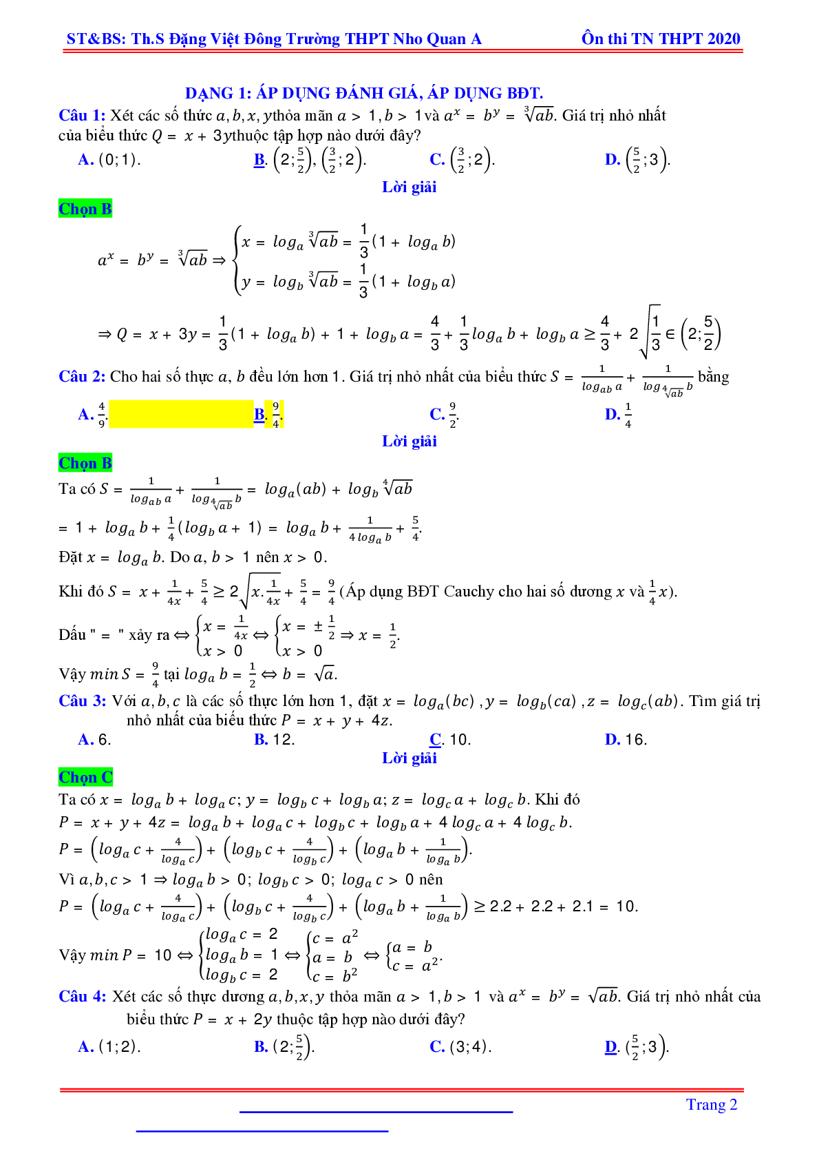 Bài toán min-max liên quan hàm số mũ, logarit nhiều biến - Đặng Việt Đông (trang 2)