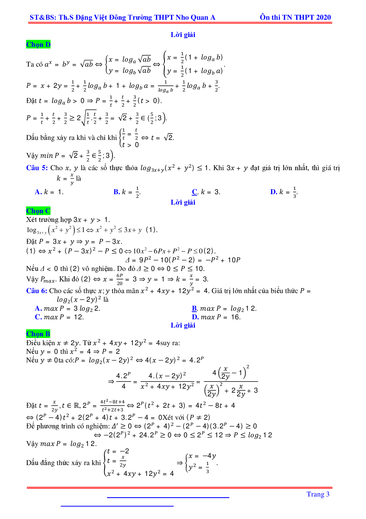 Bài toán min-max liên quan hàm số mũ, logarit nhiều biến - Đặng Việt Đông (trang 3)