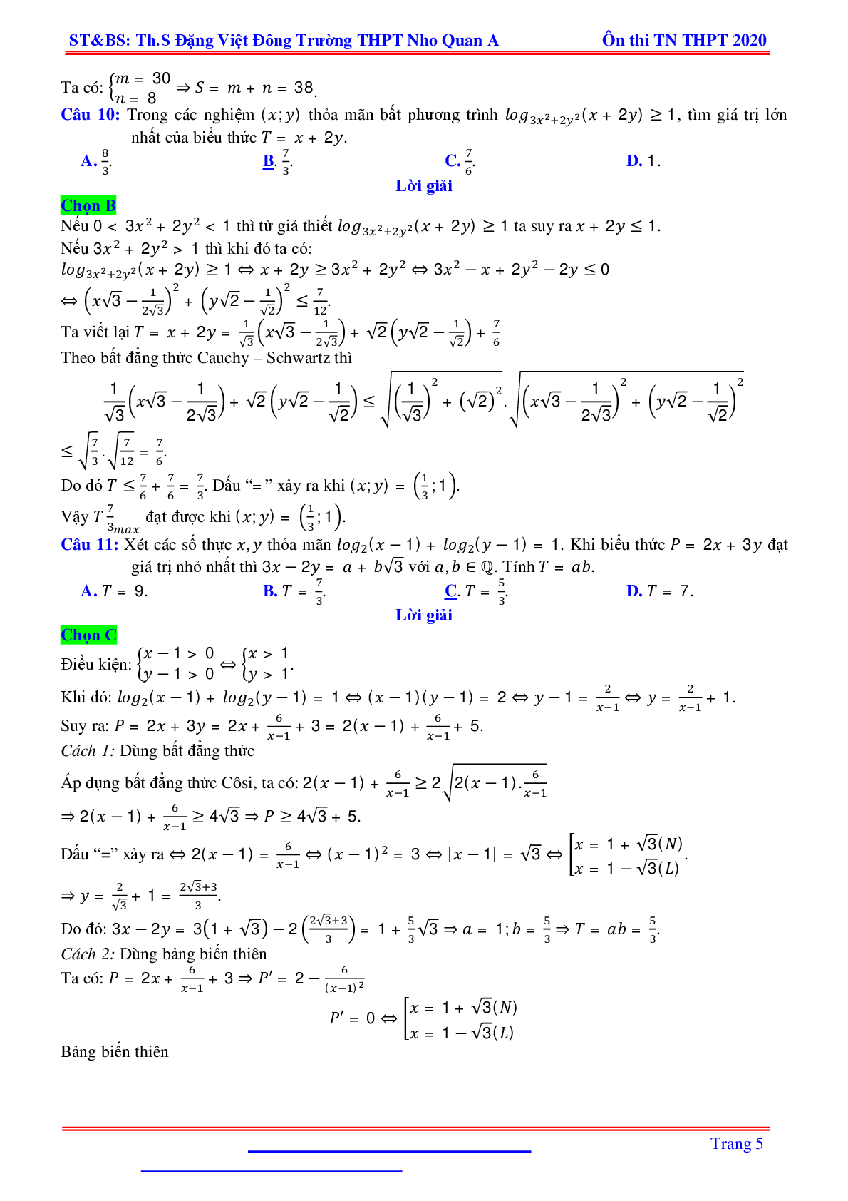 Bài toán min-max liên quan hàm số mũ, logarit nhiều biến - Đặng Việt Đông (trang 5)
