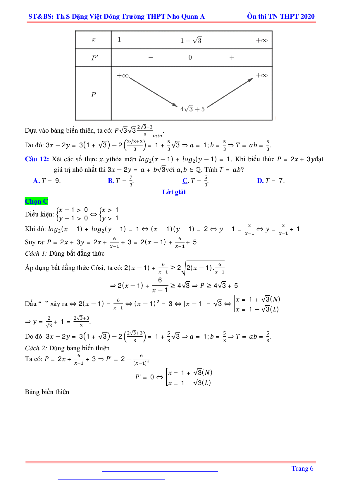 Bài toán min-max liên quan hàm số mũ, logarit nhiều biến - Đặng Việt Đông (trang 6)