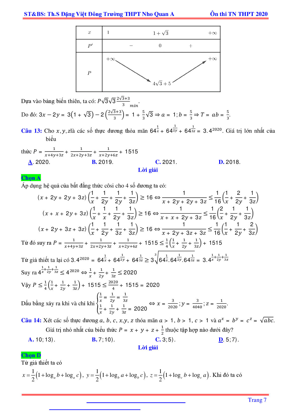 Bài toán min-max liên quan hàm số mũ, logarit nhiều biến - Đặng Việt Đông (trang 7)