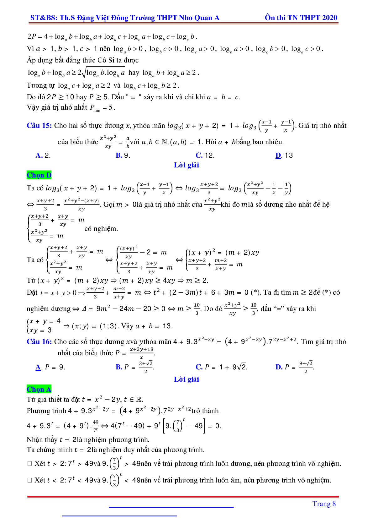 Bài toán min-max liên quan hàm số mũ, logarit nhiều biến - Đặng Việt Đông (trang 8)