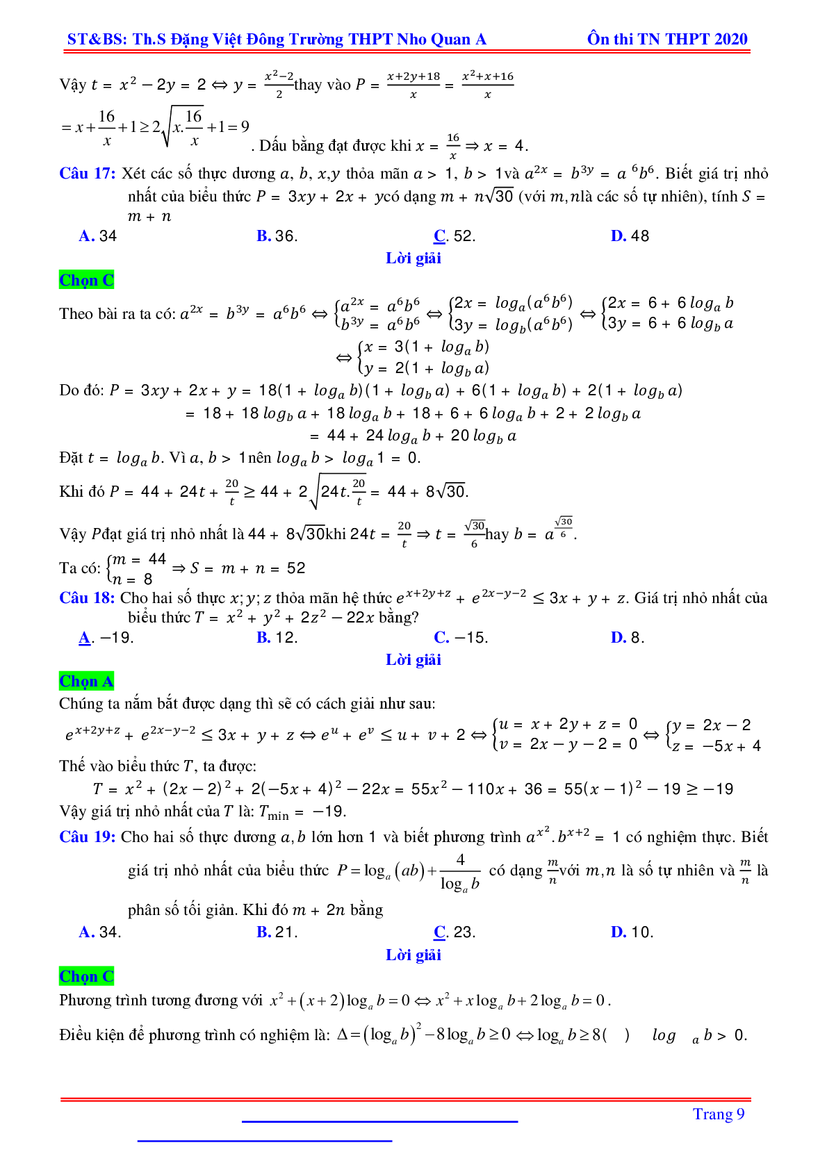 Bài toán min-max liên quan hàm số mũ, logarit nhiều biến - Đặng Việt Đông (trang 9)