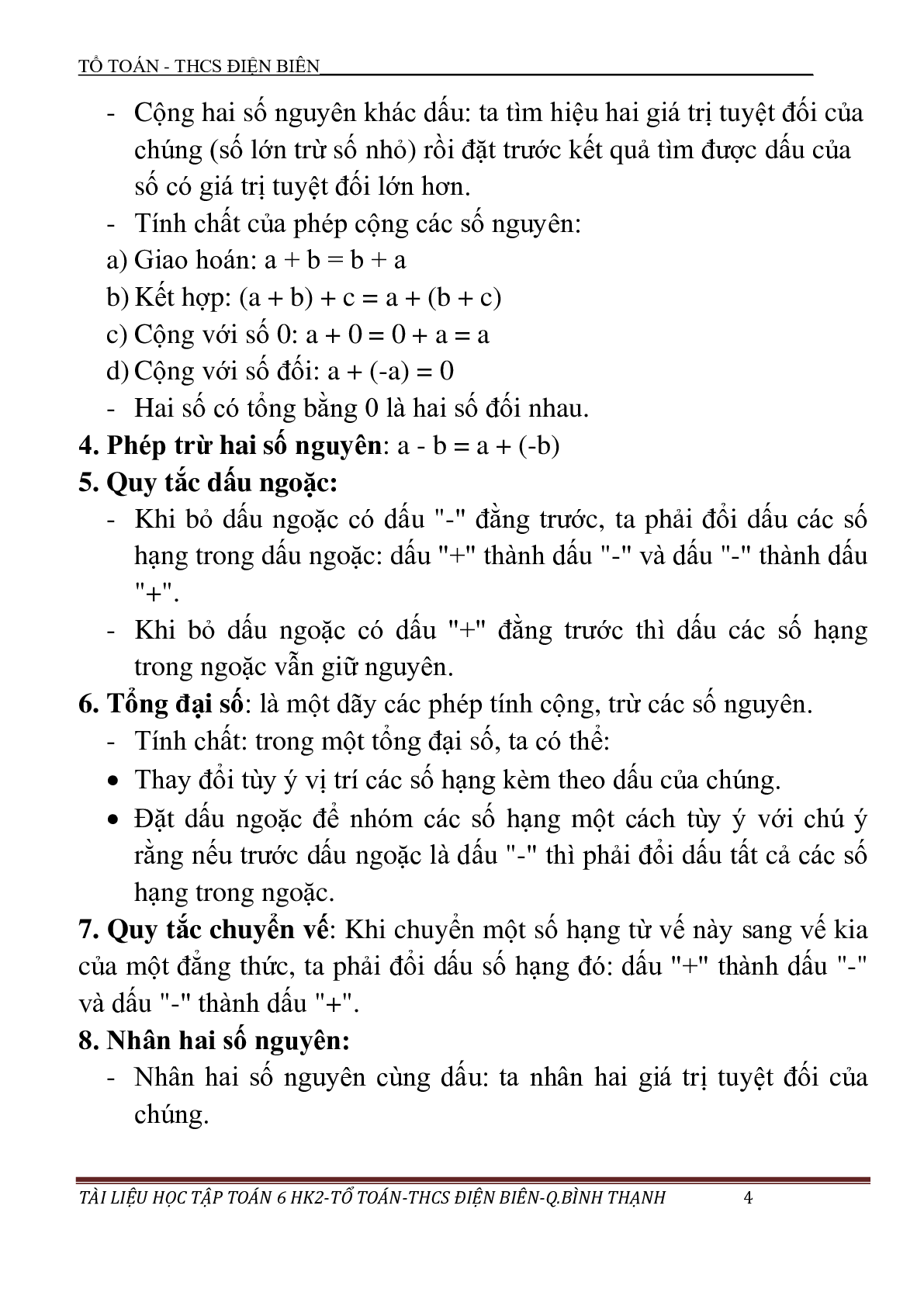 Tài liệu học tập học kỳ 2 toán 6 THCS Điện Biên - TPHCM (trang 4)