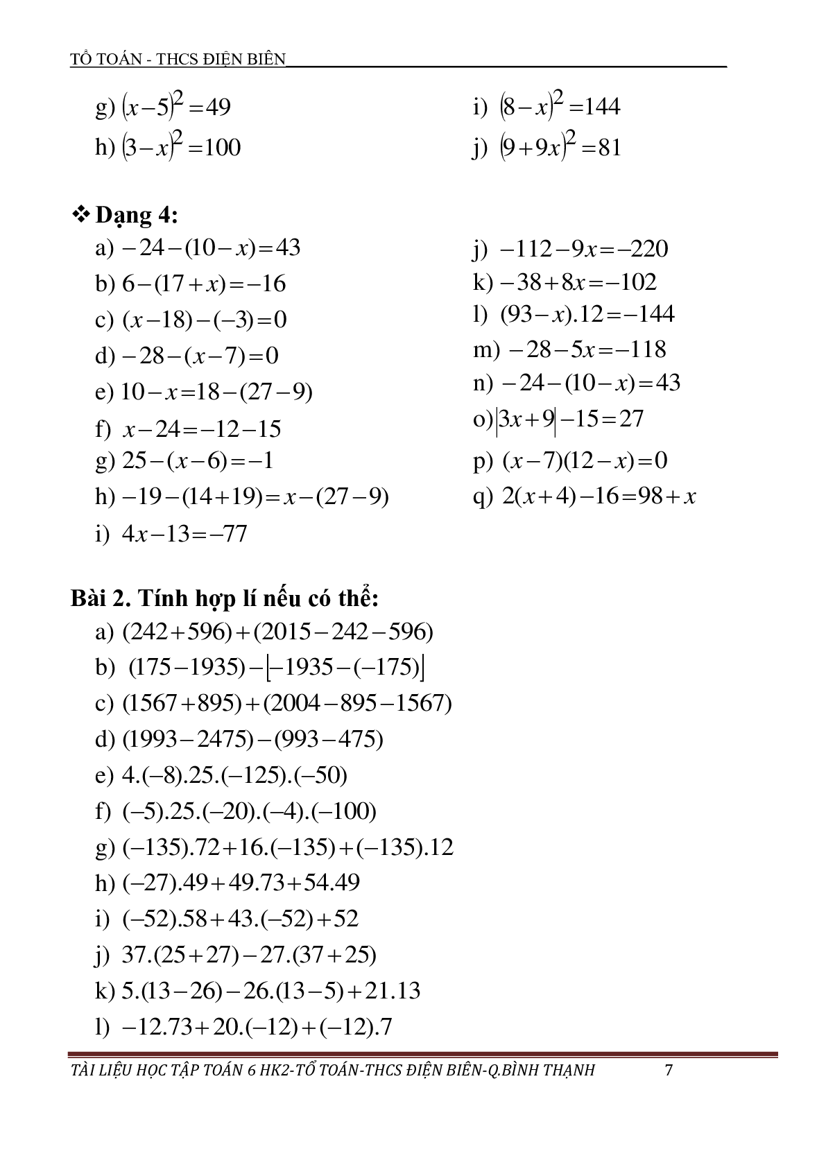 Tài liệu học tập học kỳ 2 toán 6 THCS Điện Biên - TPHCM (trang 7)