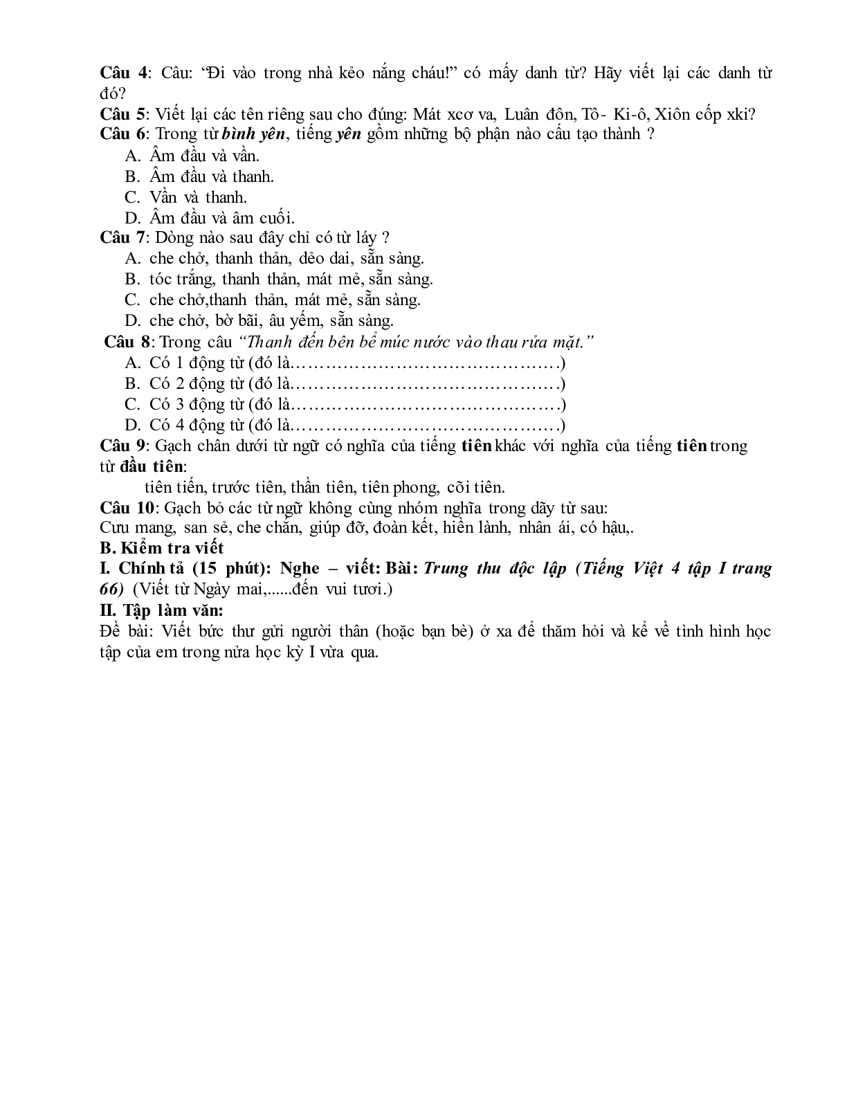 Đề thi Giữa học kì 1 Tiếng việt lớp 4 (10 đề) (trang 6)