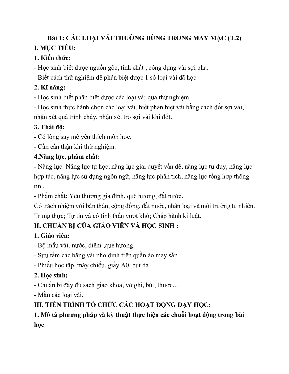 GIÁO ÁN CÔNG NGHỆ 6 BÀI 1: CÁC LOẠI VẢI THƯỜNG DÙNG TRONG MAY MẶC (T2) MỚI NHẤT (trang 1)