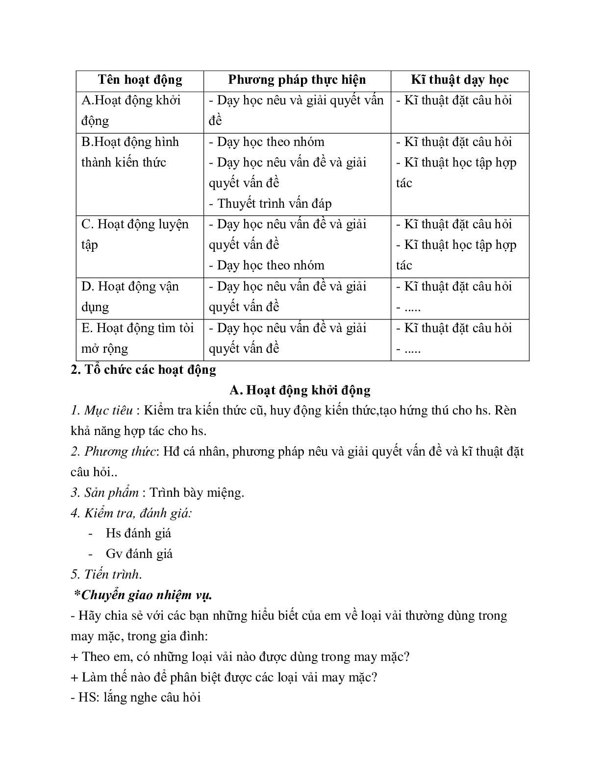 GIÁO ÁN CÔNG NGHỆ 6 BÀI 1: CÁC LOẠI VẢI THƯỜNG DÙNG TRONG MAY MẶC (T2) MỚI NHẤT (trang 2)