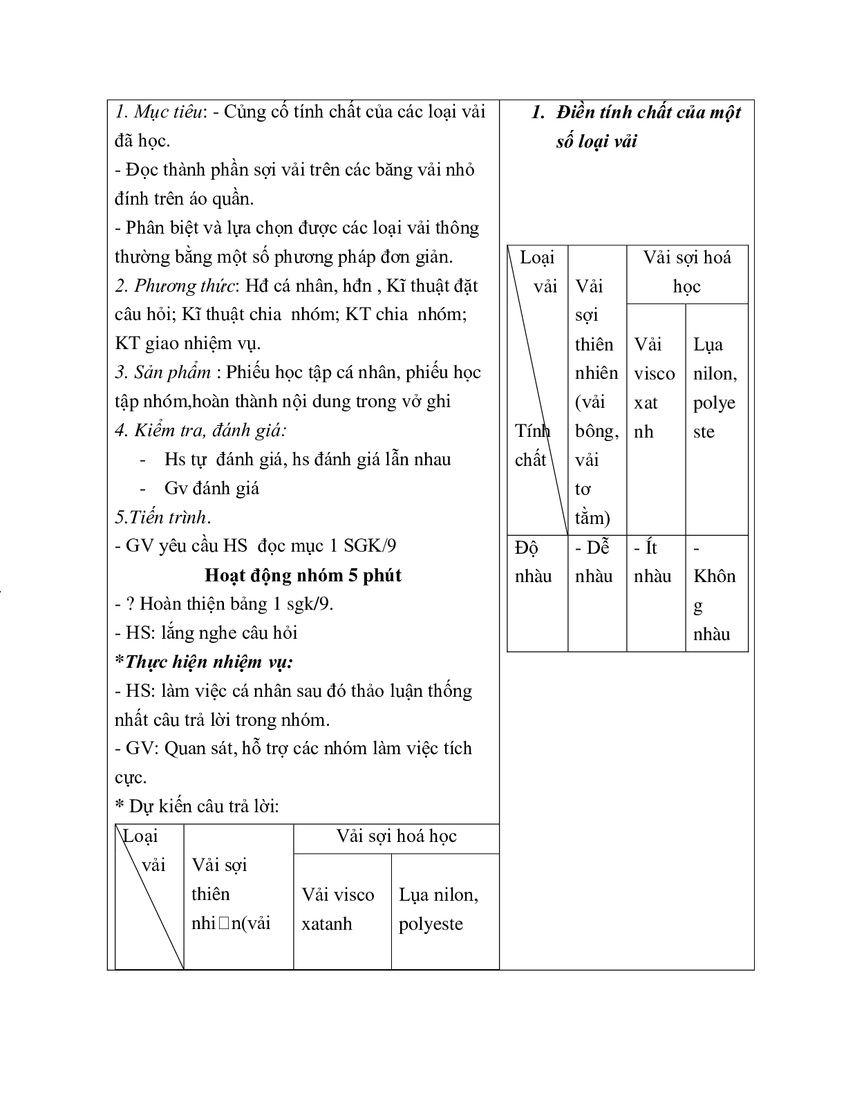 GIÁO ÁN CÔNG NGHỆ 6 BÀI 1: CÁC LOẠI VẢI THƯỜNG DÙNG TRONG MAY MẶC (T2) MỚI NHẤT (trang 5)