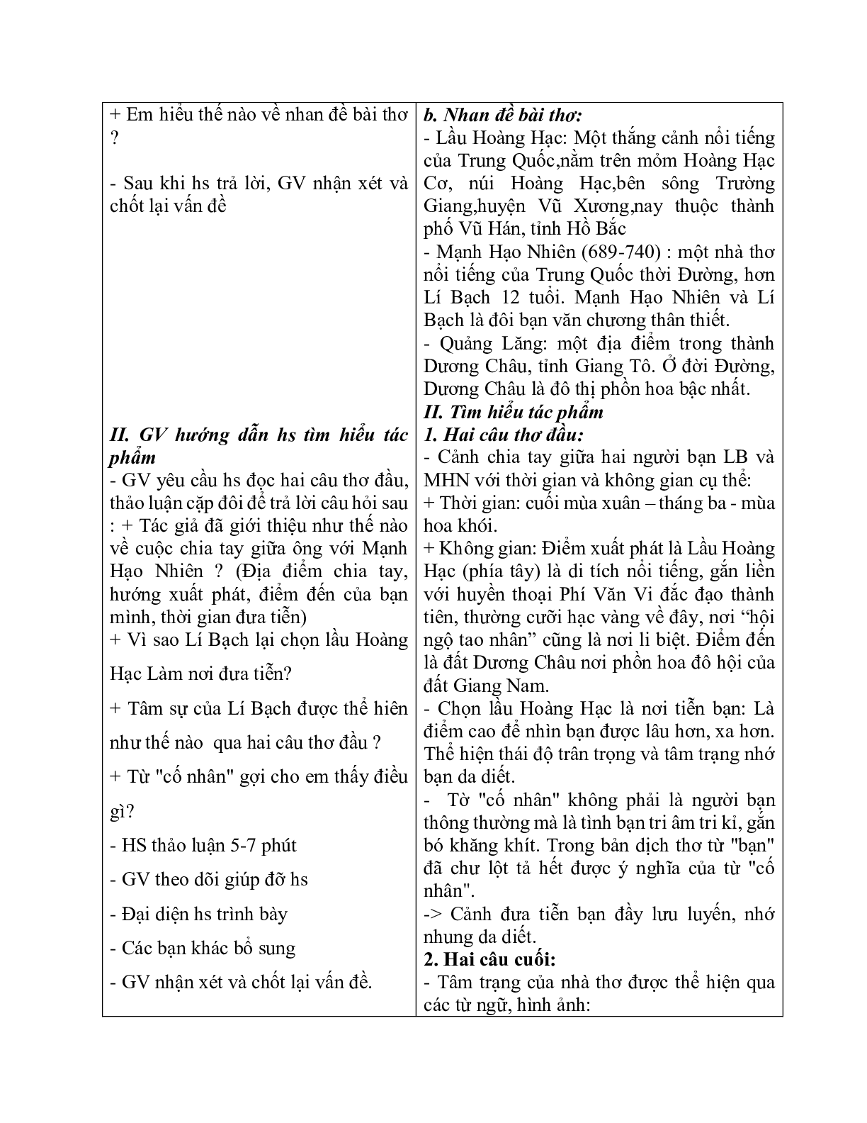 Giáo án ngữ văn lớp 10 Tiết 44: Tại lầu hoàng hạc tiễn mạnh hão nhiên đi quảng lăng (trang 3)