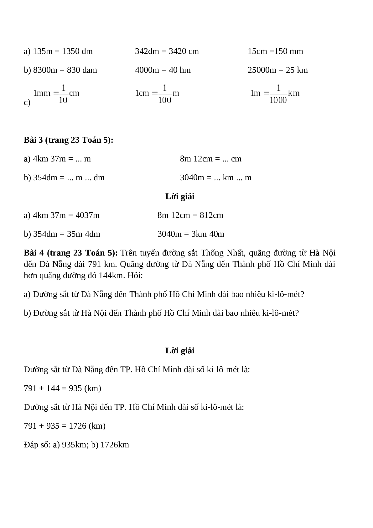Toán lớp 5 trang 22, 23 Ôn tập: Bảng đơn vị đo độ dài (trang 2)