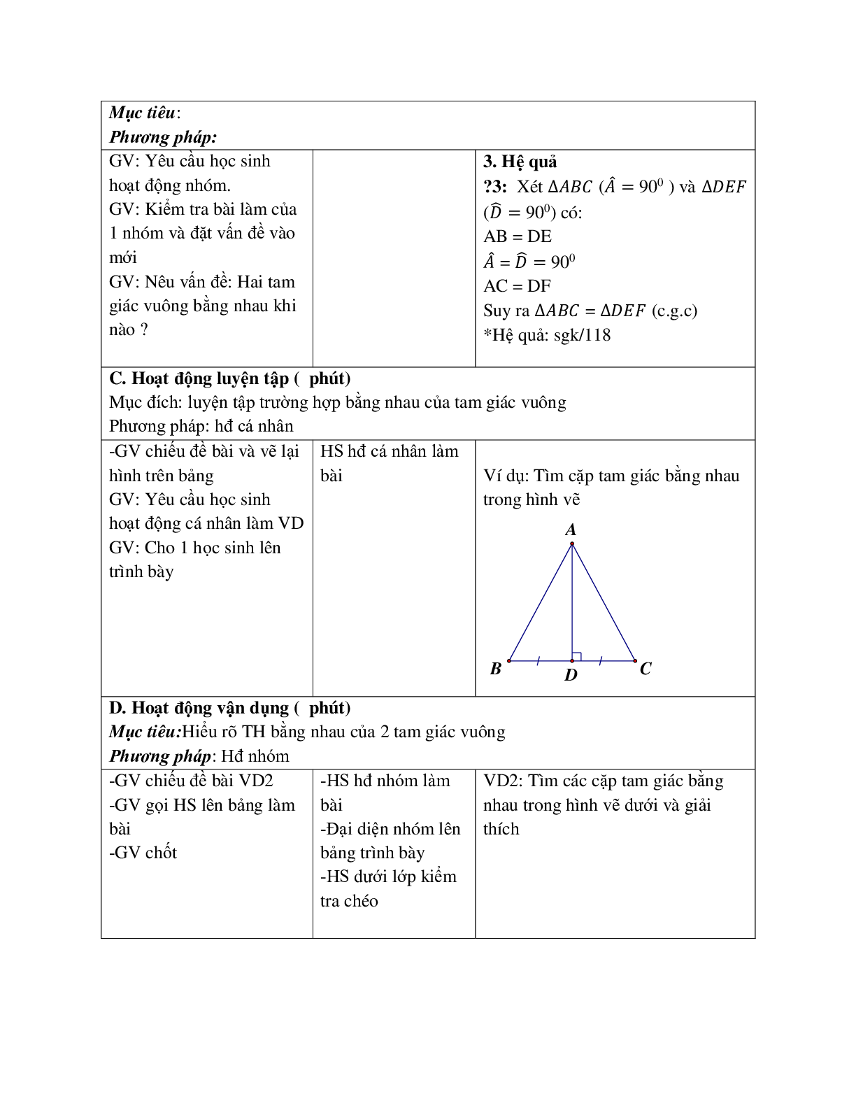 Giáo án Toán học 7 bài 4: Trường hợp bằng nhau thứ hai của tam giác c.g.c (TT) hay nhất (trang 2)