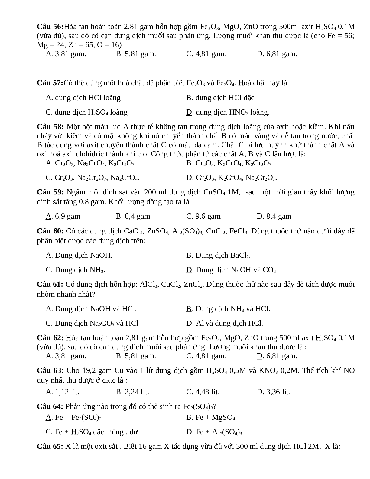 Tuyển chọn 300 câu trắc nghiệm hóa học có đáp án, chọn lọc (trang 8)