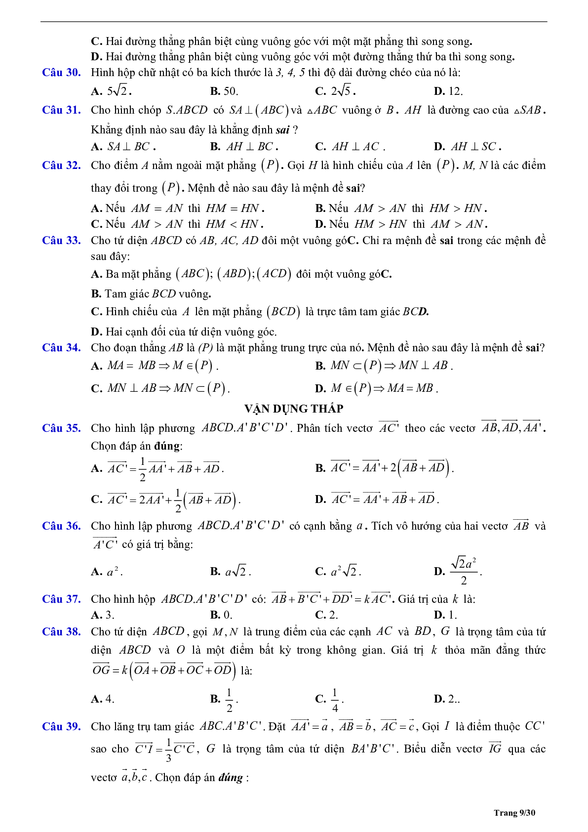 Phương pháp giải về Véctơ trong không gian, quan hệ vuông góc 2023 (lý thuyết và bài tập) (trang 9)