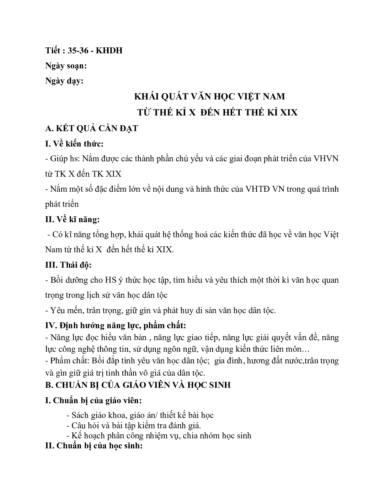 Giáo án ngữ văn lớp 10 Tiết 35, 36: Khái quát văn học Việt Nam (trang 1)