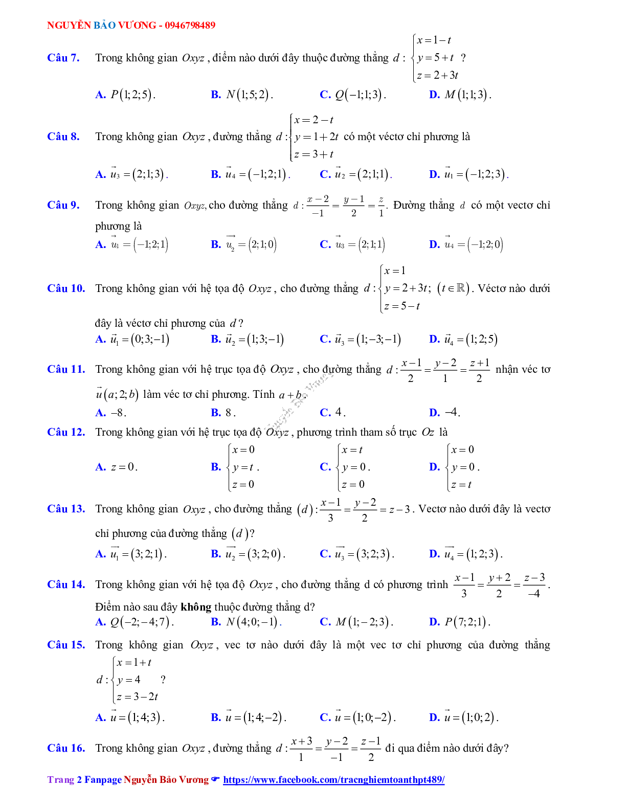 Phương pháp giải về Phương trình đường thẳng 2023 (lý thuyết và bài tập) (trang 2)