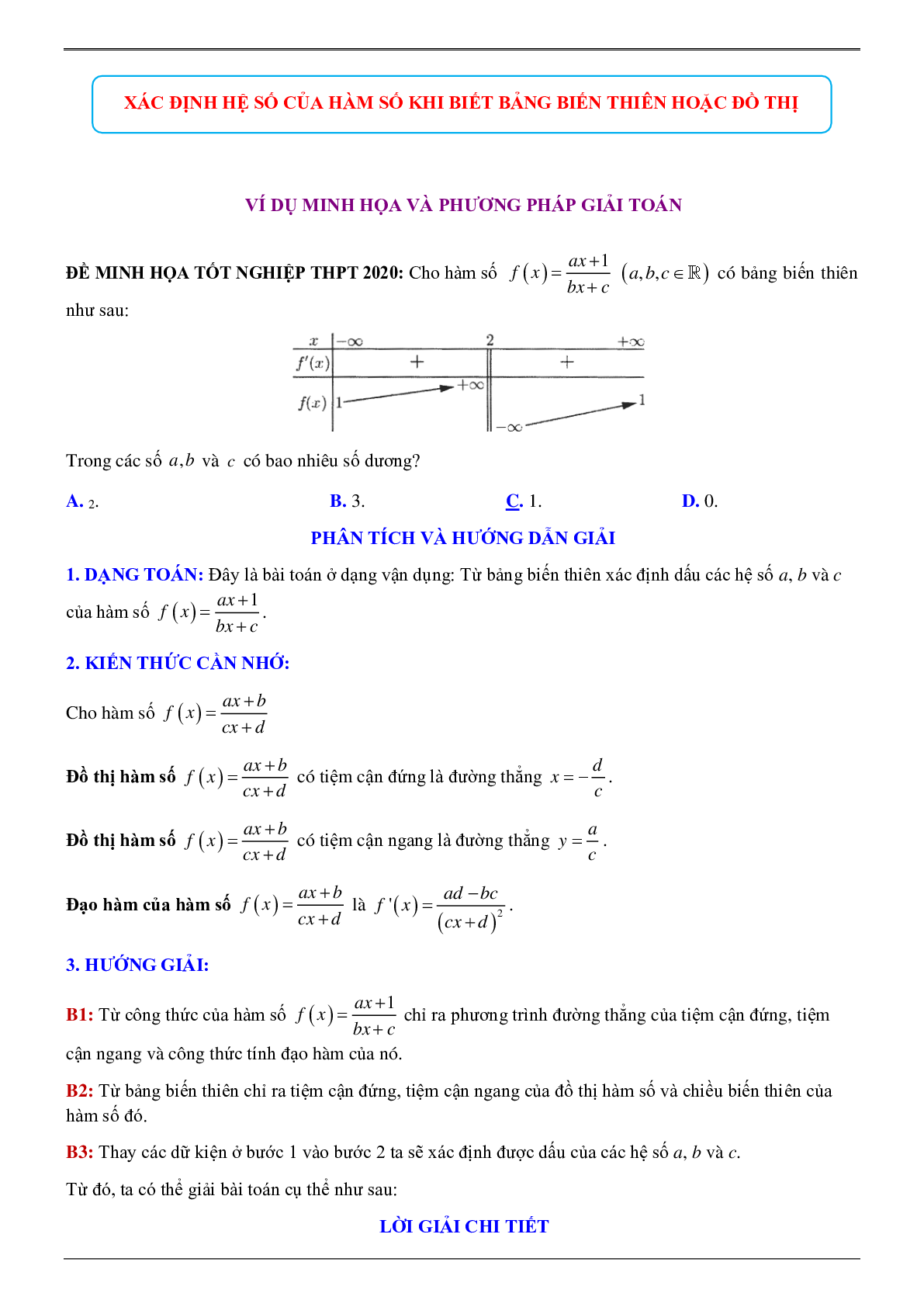 Xác định hệ số của hàm số khi biết bảng biến thiên hoặc đồ thị (trang 1)