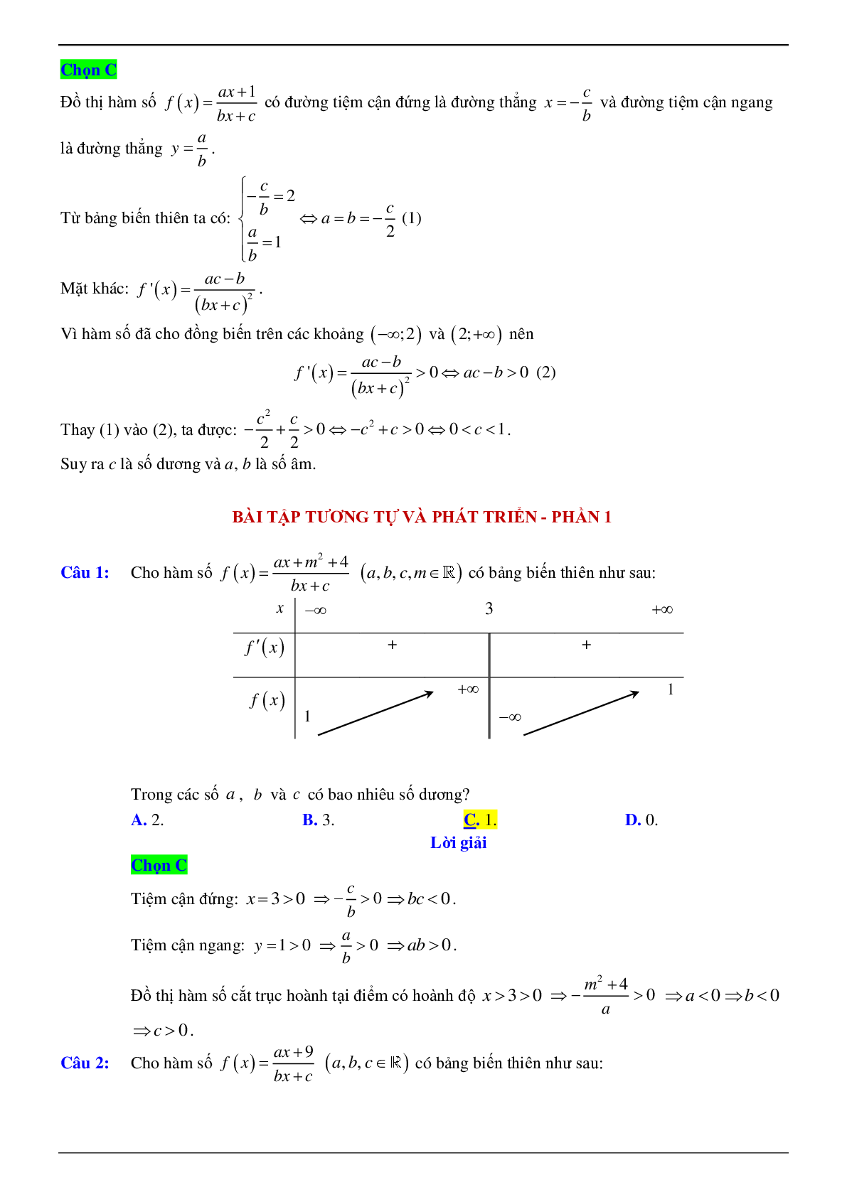 Xác định hệ số của hàm số khi biết bảng biến thiên hoặc đồ thị (trang 2)