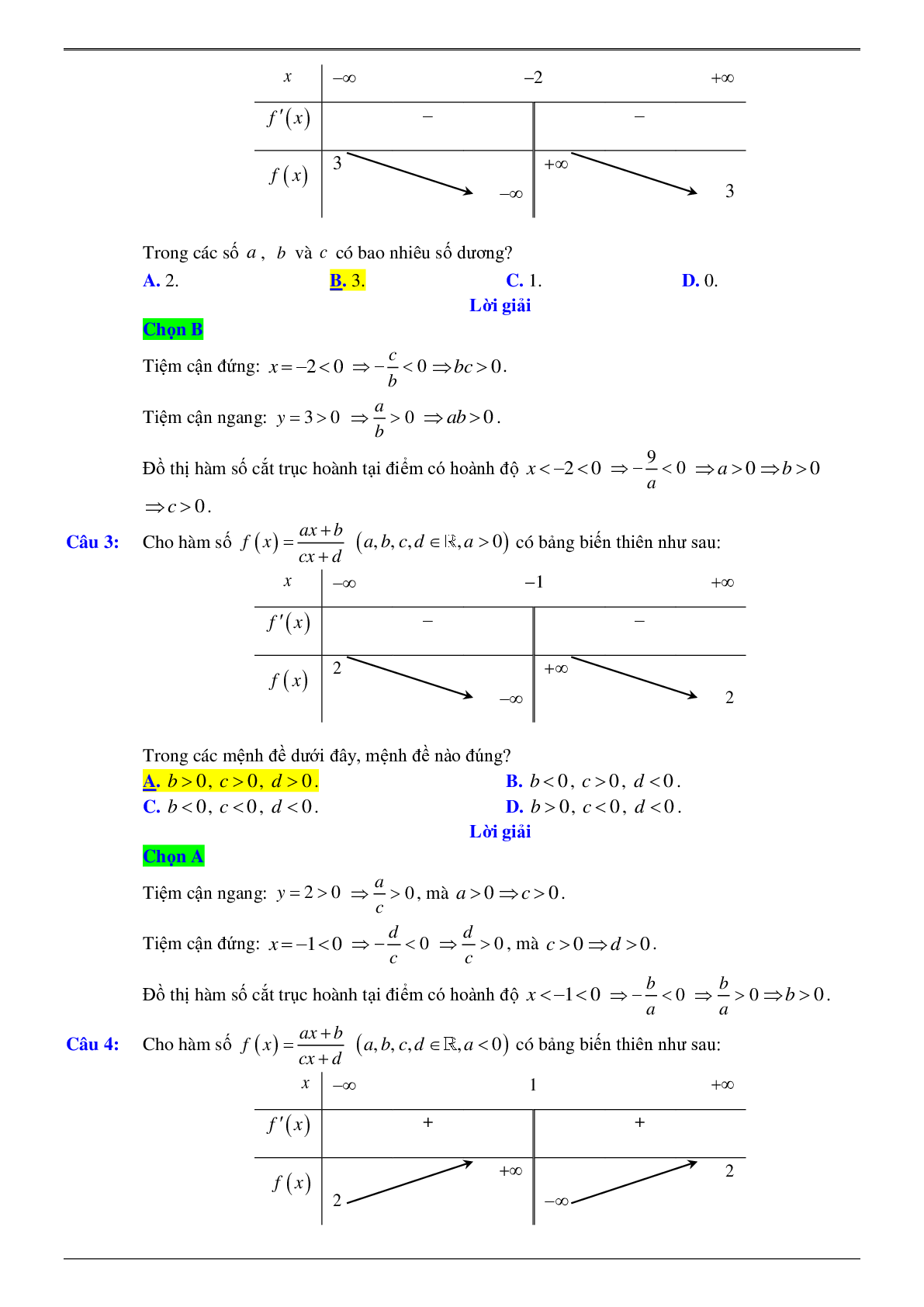 Xác định hệ số của hàm số khi biết bảng biến thiên hoặc đồ thị (trang 3)