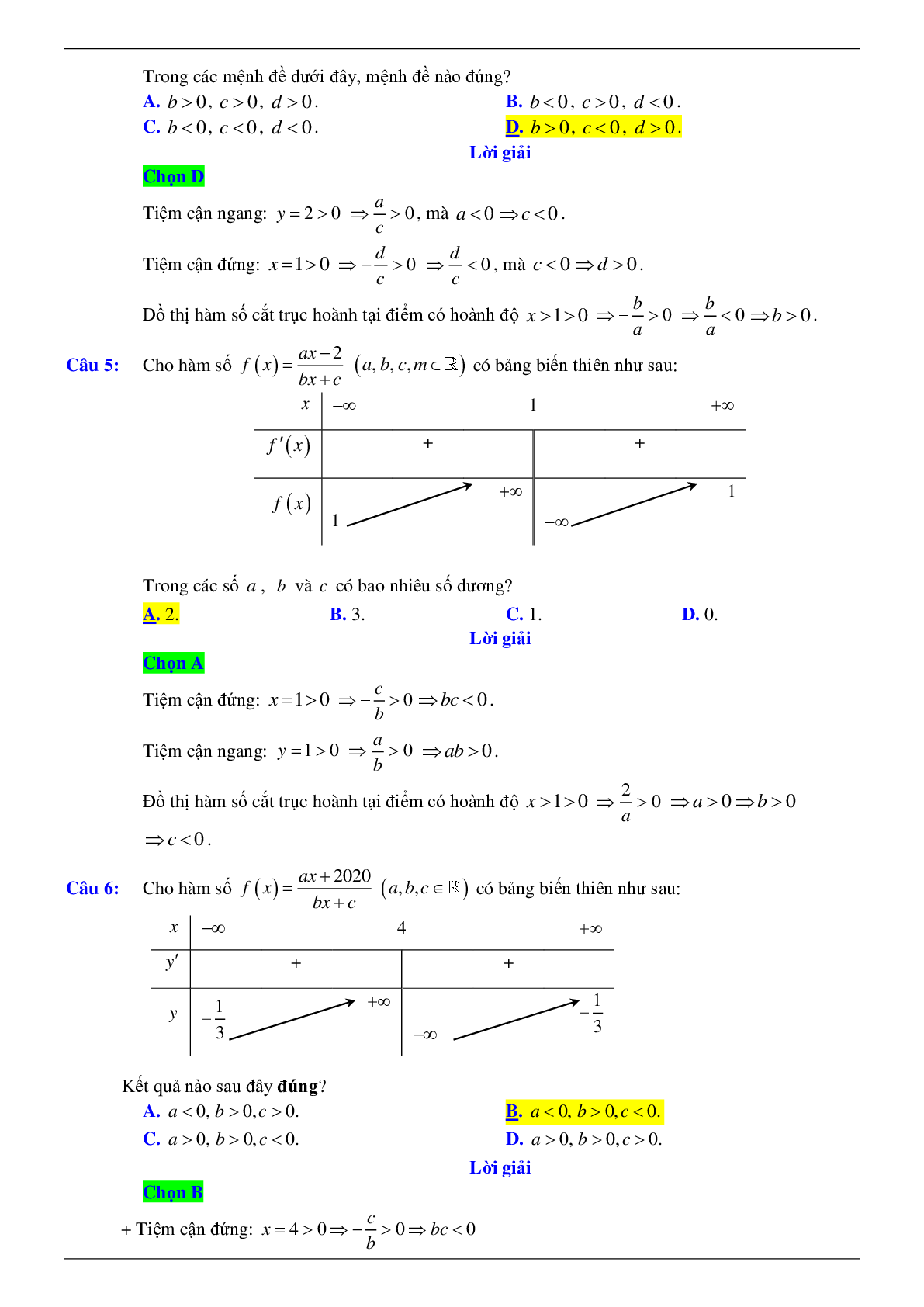 Xác định hệ số của hàm số khi biết bảng biến thiên hoặc đồ thị (trang 4)