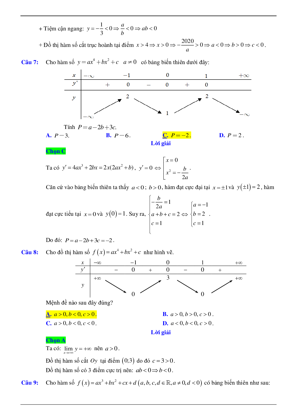 Xác định hệ số của hàm số khi biết bảng biến thiên hoặc đồ thị (trang 5)
