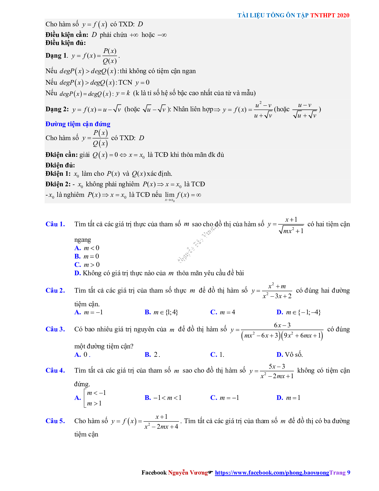 Phương pháp giải Tiệm cận của đồ thị hàm số 2023 (lý thuyết và bài tập) (trang 9)