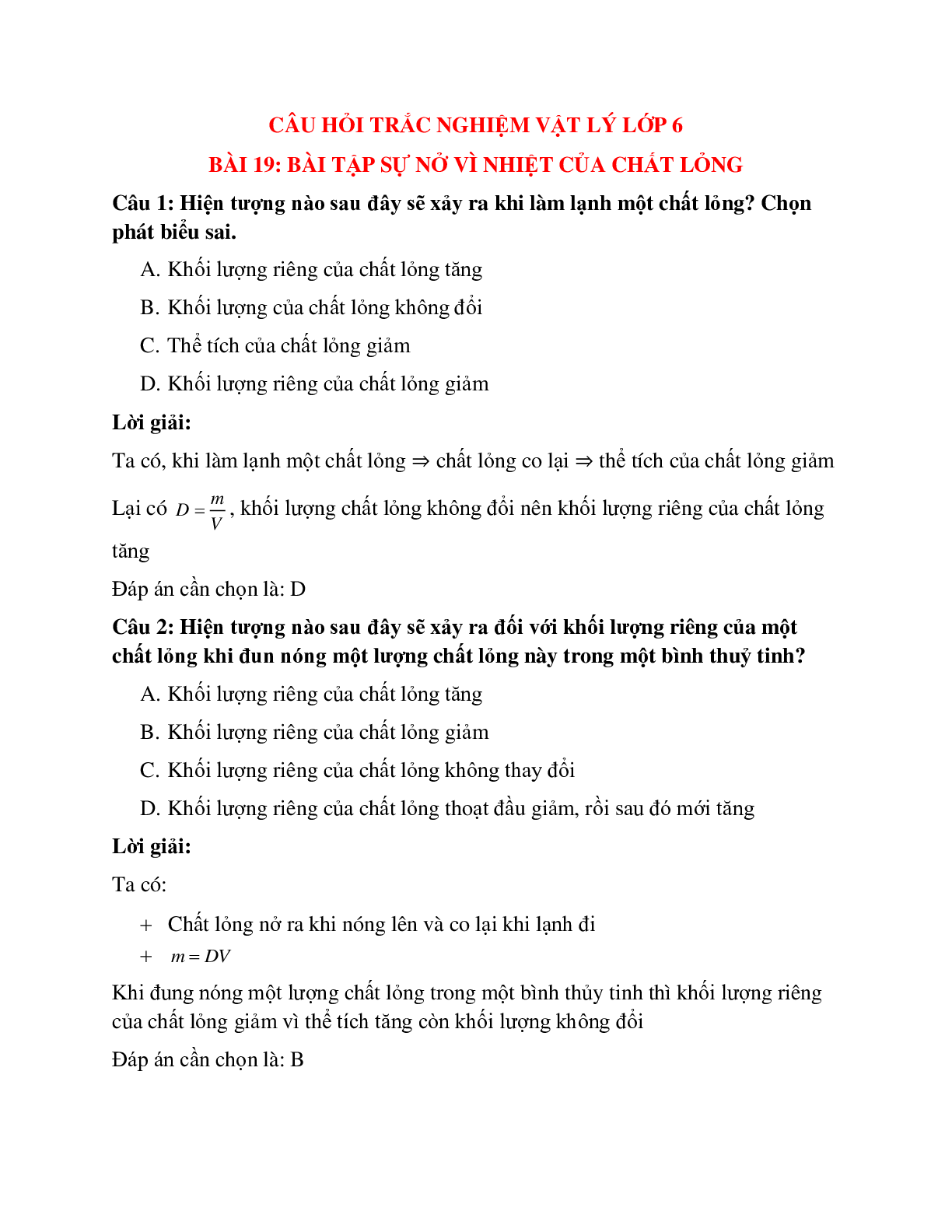 Trắc nghiệm Vật lý 6 Bài 19 có đáp án: Bài tập Sự nở vì nhiệt của chất lỏng (trang 1)