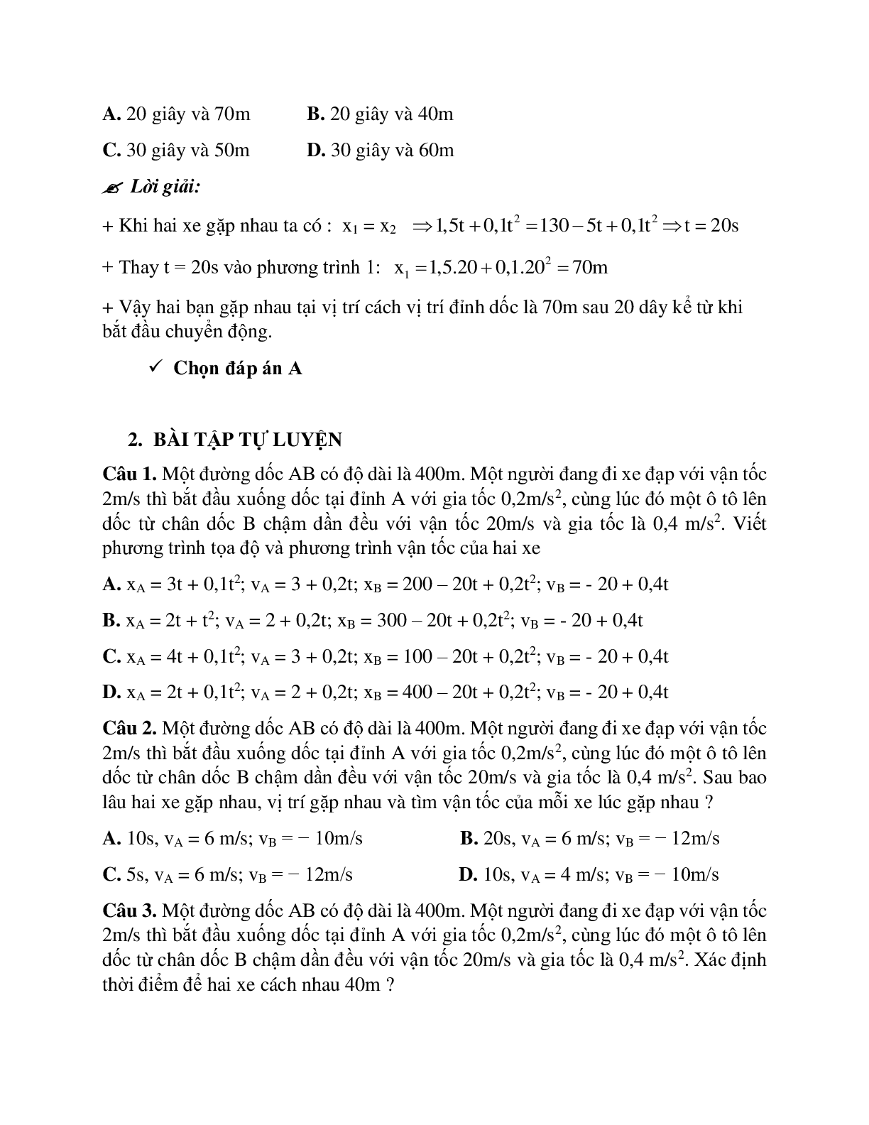 Phương pháp giải và bài tập về Xác định vị trí và thời điểm hai xe gặp nhau trong chuyển động thẳng biến đổi đều (trang 5)
