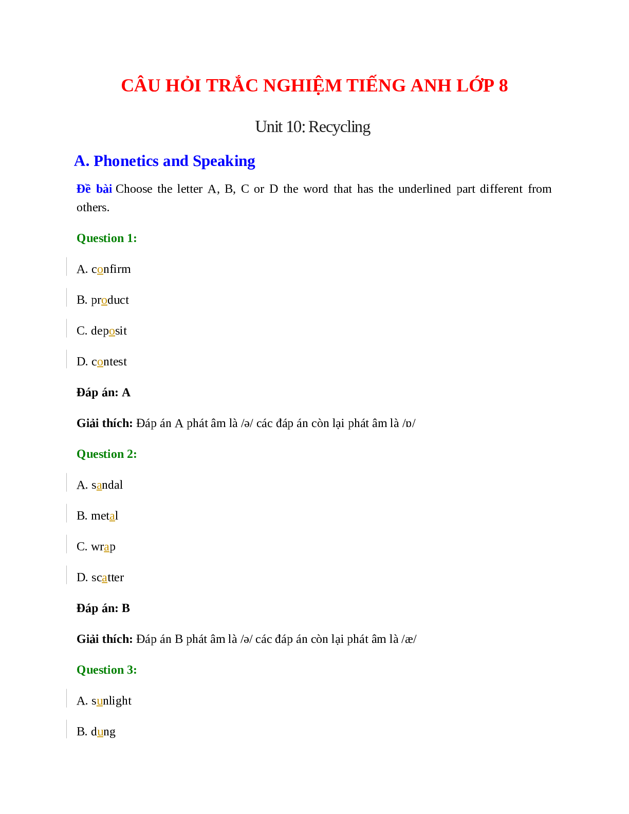 60 câu Trắc nghiệm Tiếng Anh 8 Unit 10 có đáp án 2023: Recycling (trang 1)